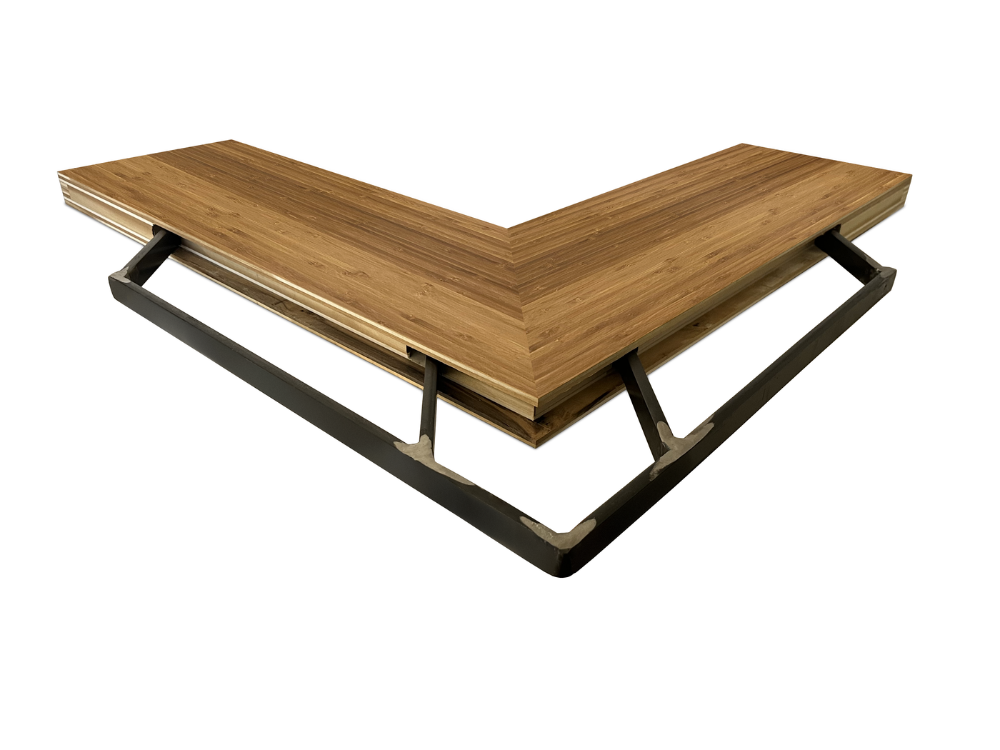 Bamboo inside corner mitered floating shelf view of back edge steel floating shelf bracket pockets