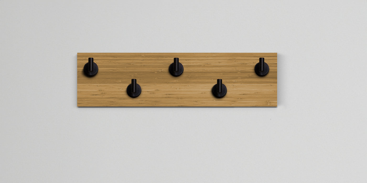 Bamboo Wood wall hook rack 5 matte black hooks