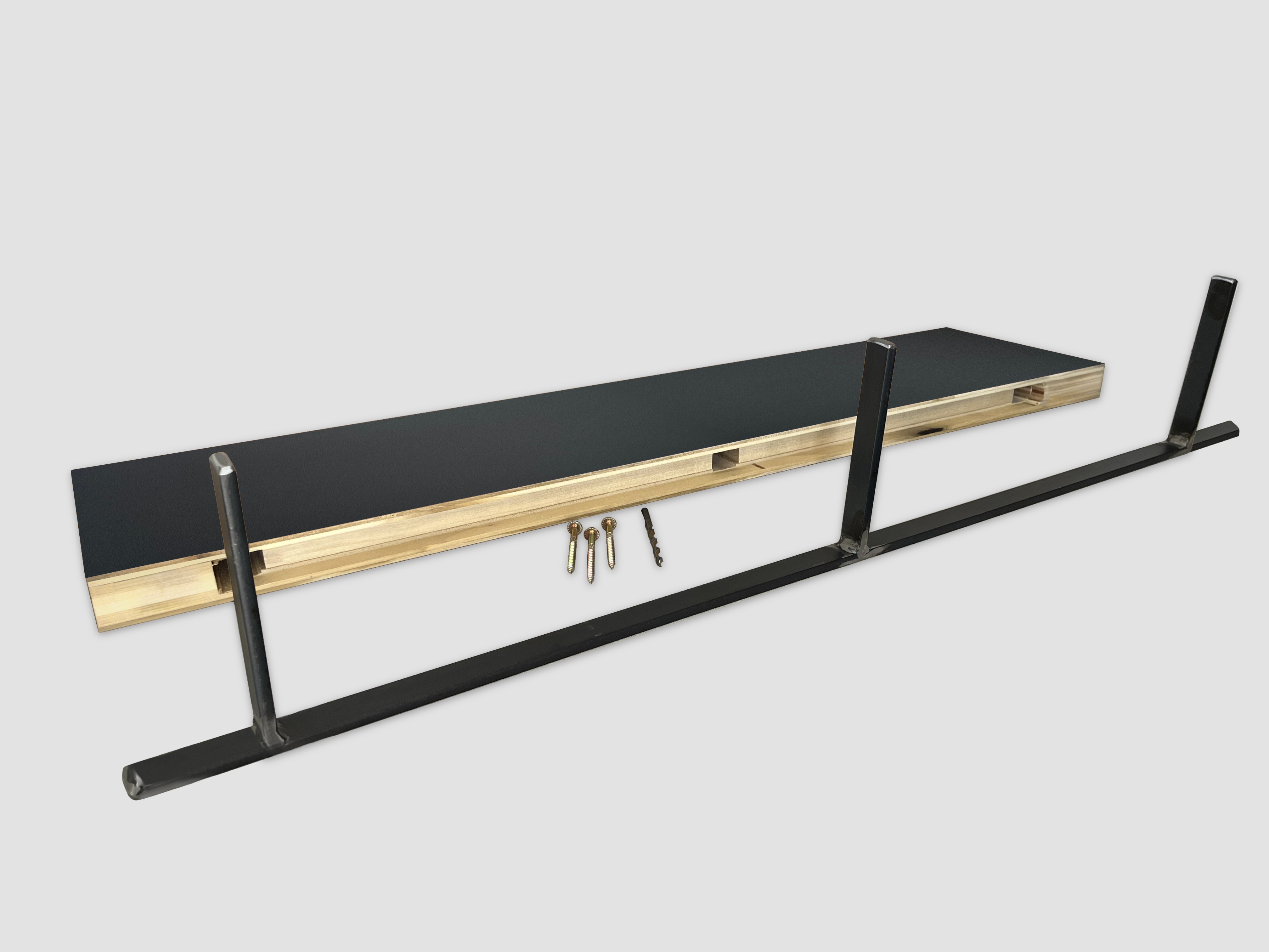 Black floating shelf back edge with metal bracket on a white background