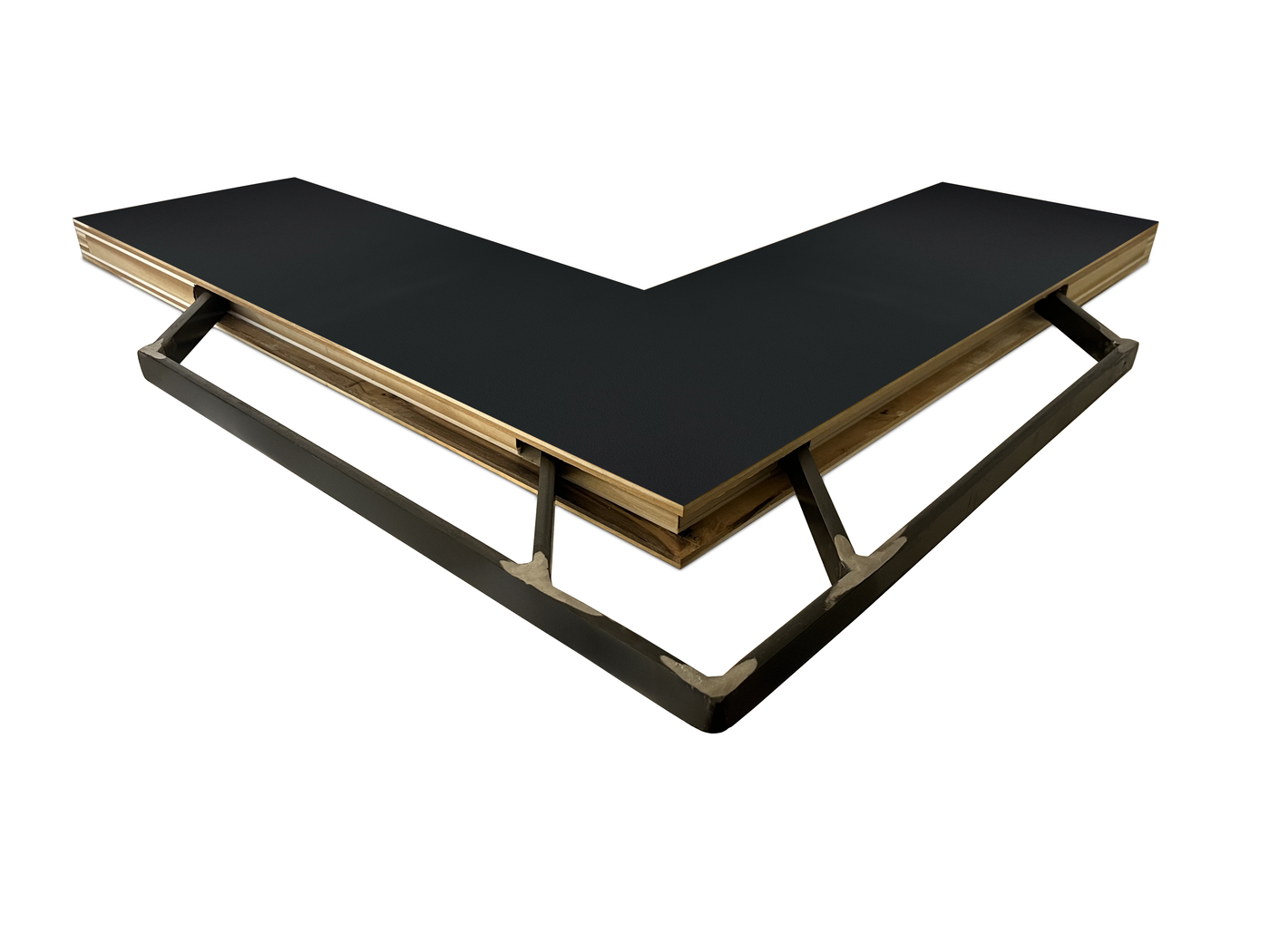Black ebonized mahogany inside corner mitered floating shelf view of back edge steel floating shelf bracket pockets