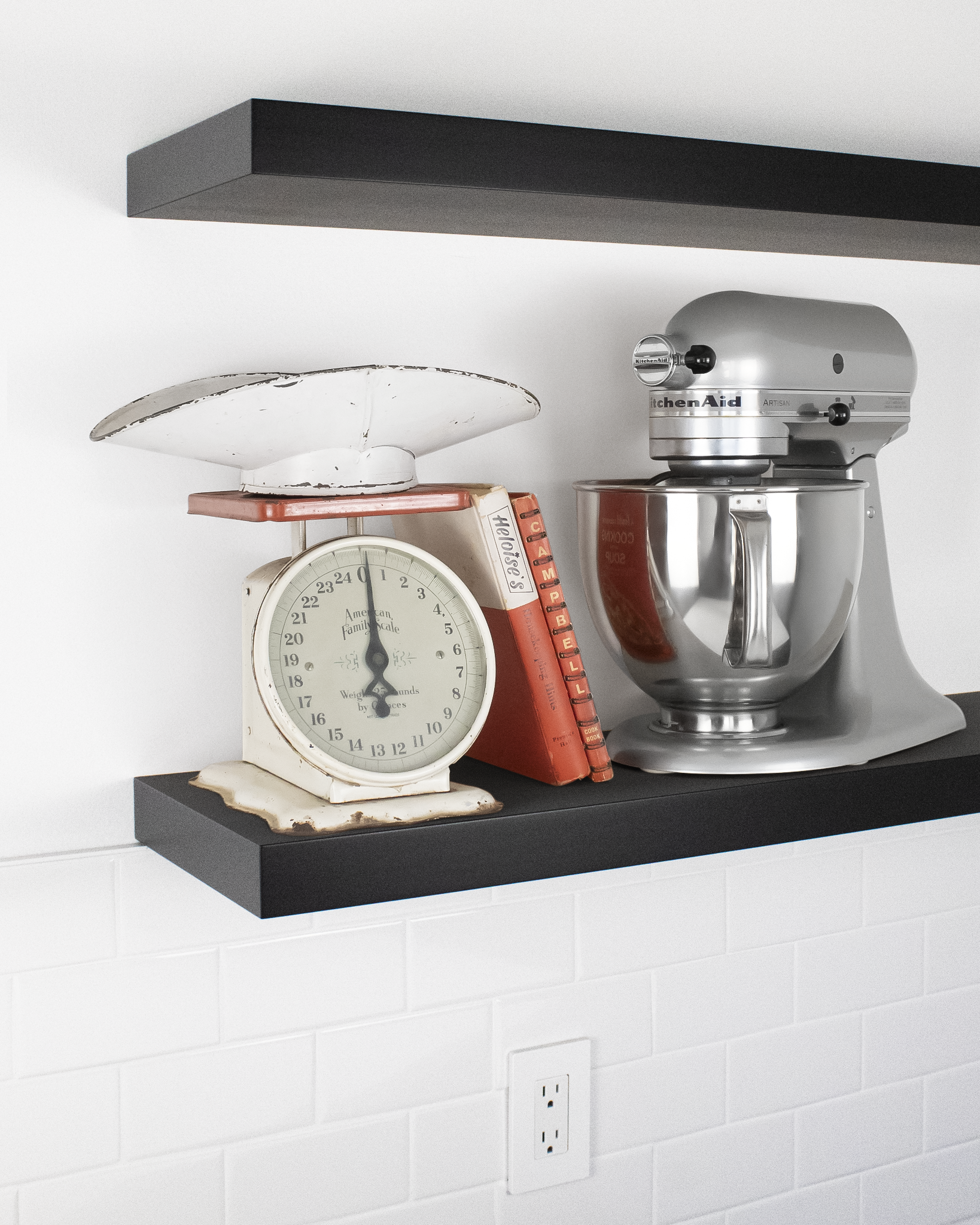 Black ebonized mahogany kitchen Floating Shelf 1.75 inch thick with Mixer and scale angle view