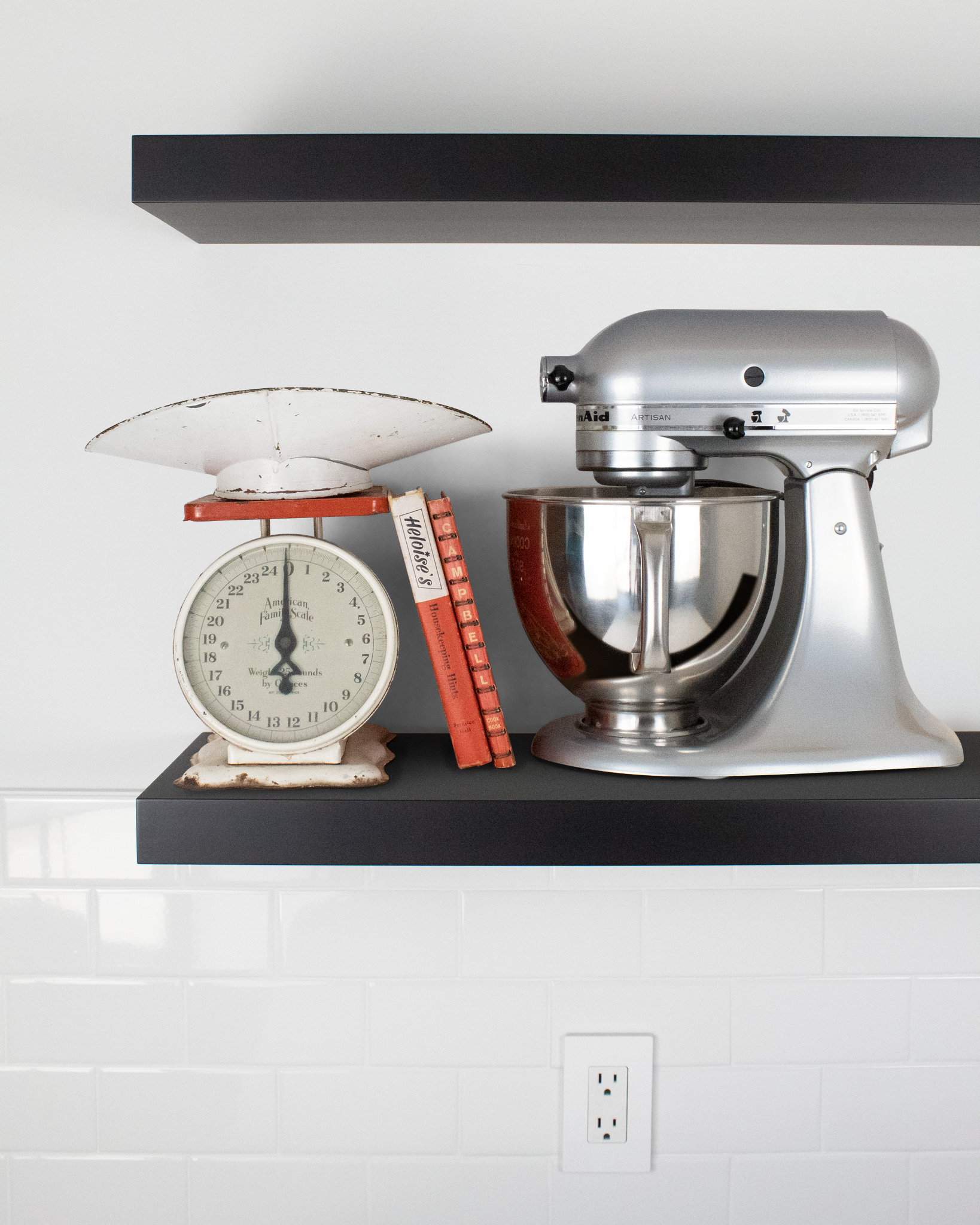 Black ebonized mahogany kitchen Floating Shelf 1.75 inch thick with Mixer and scale front view