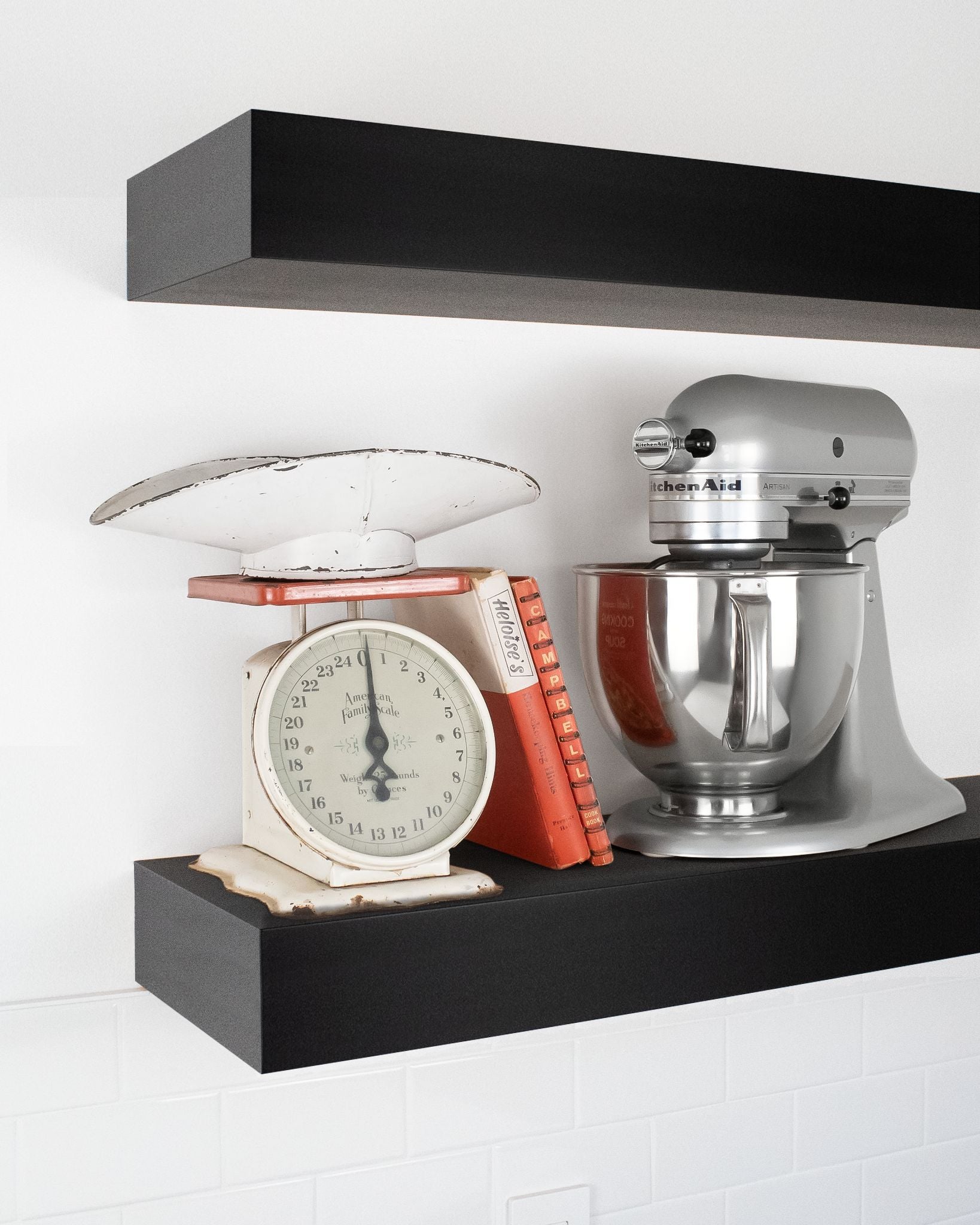 Black ebonized mahogany kitchen Floating Shelf 4 inch thick with Mixer and scale angle view