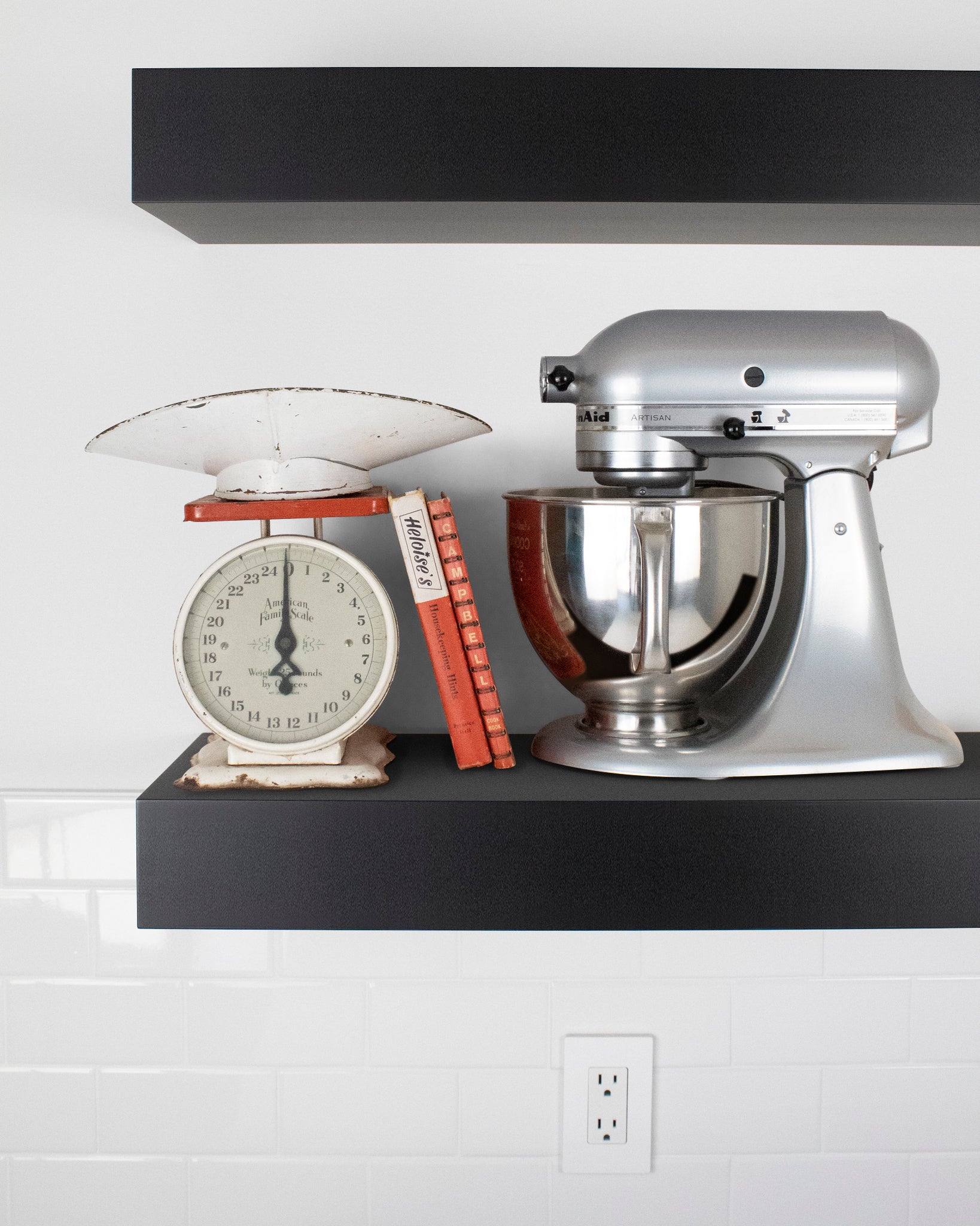 Black ebonized mahogany kitchen Floating Shelf 4 inch thick with Mixer and scale front view