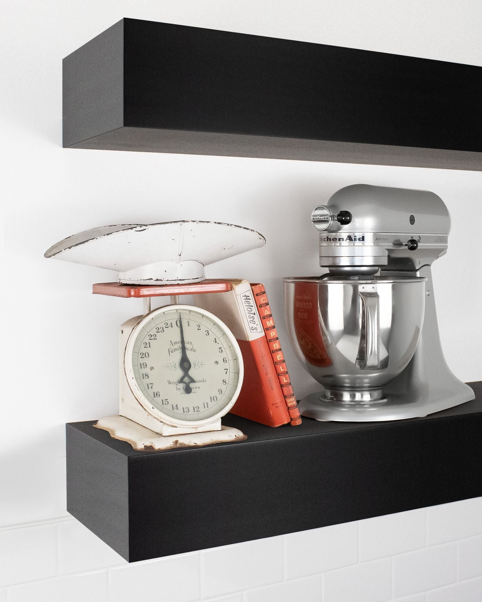Black ebonized mahogany kitchen Floating Shelf 6 inch thick with Mixer and scale angle view