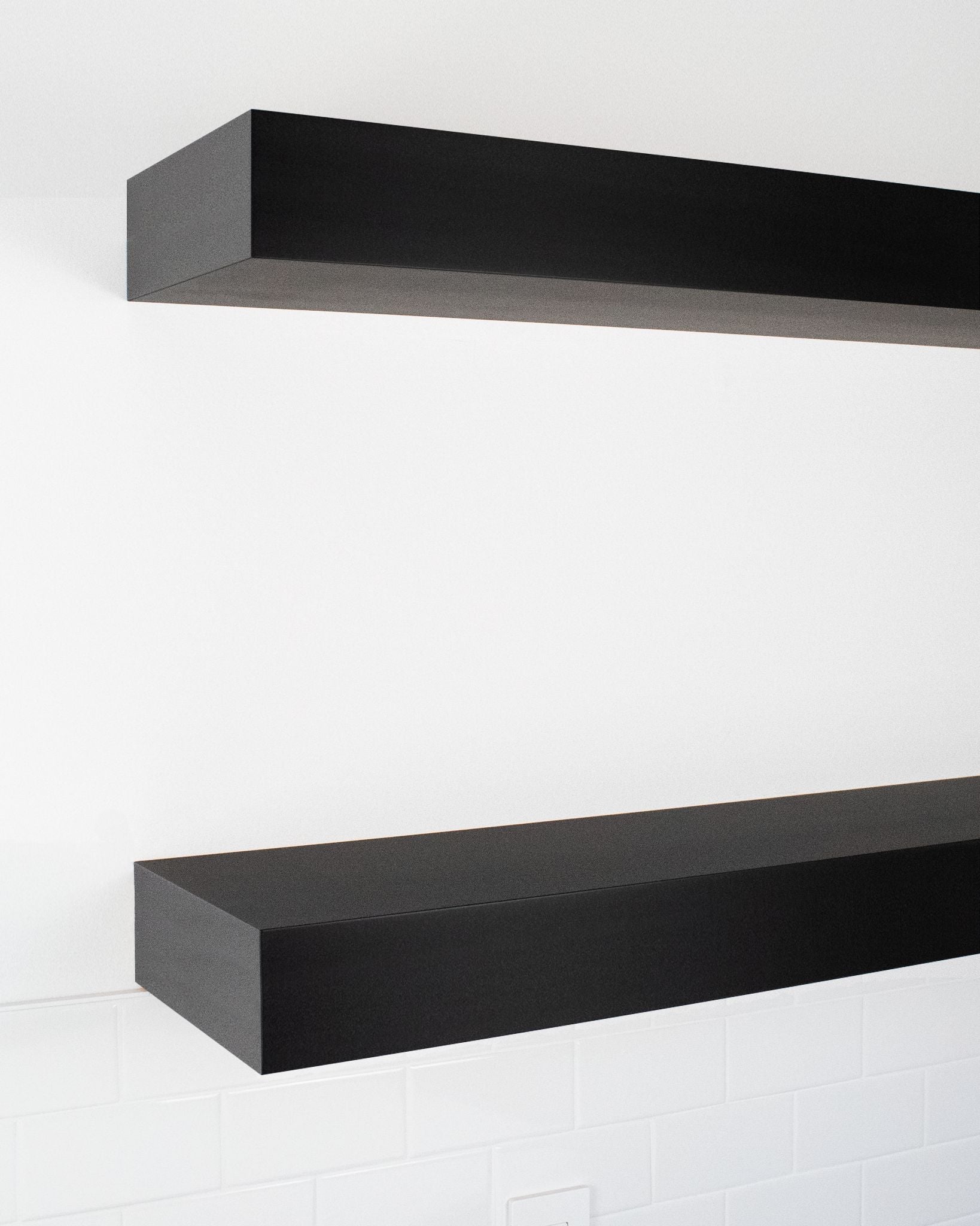 Black ebonized mahogany kitchen Floating Shelves 4 inch thick angle view