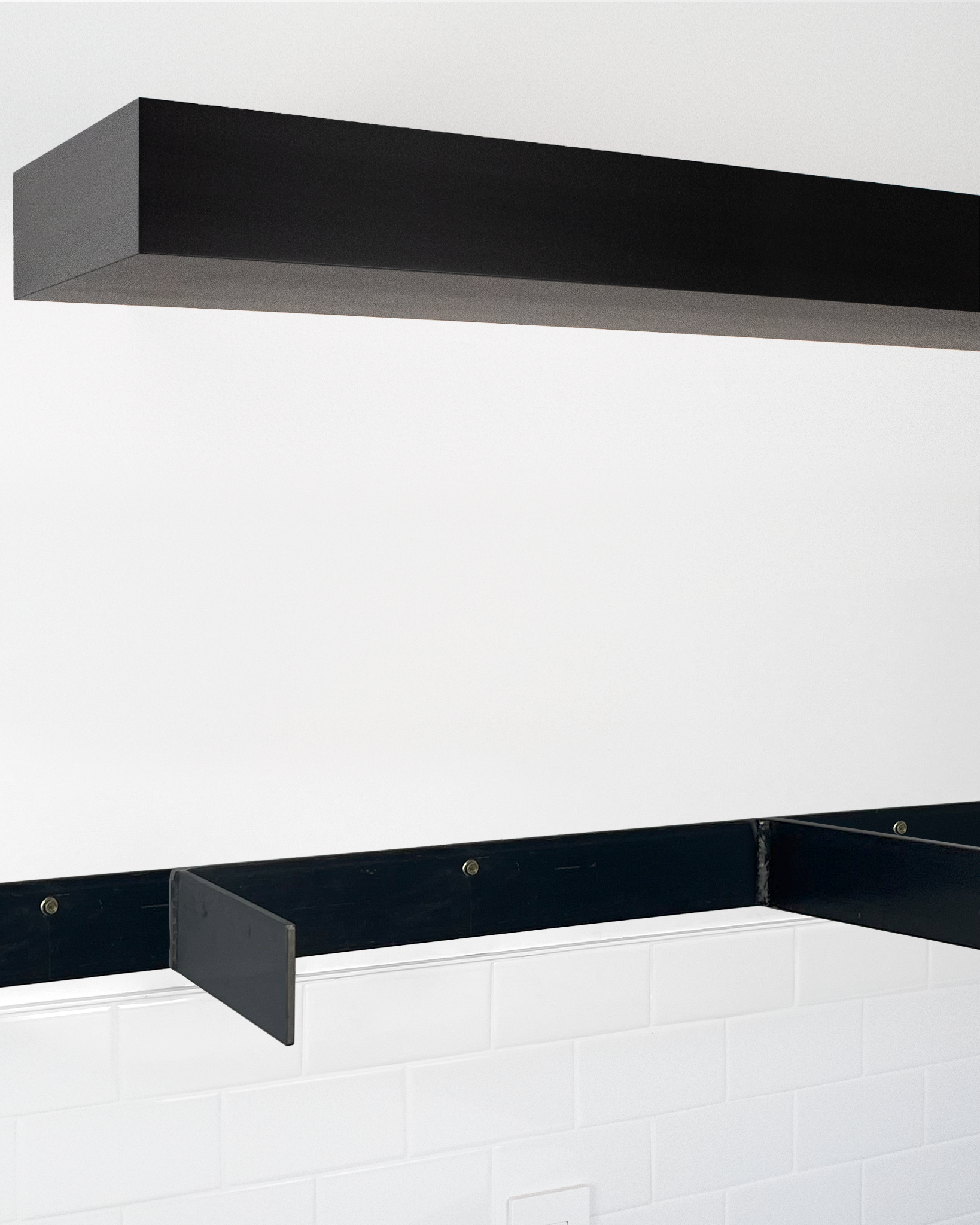 Black floating shelf 4 inch thick angle view installed steel HW