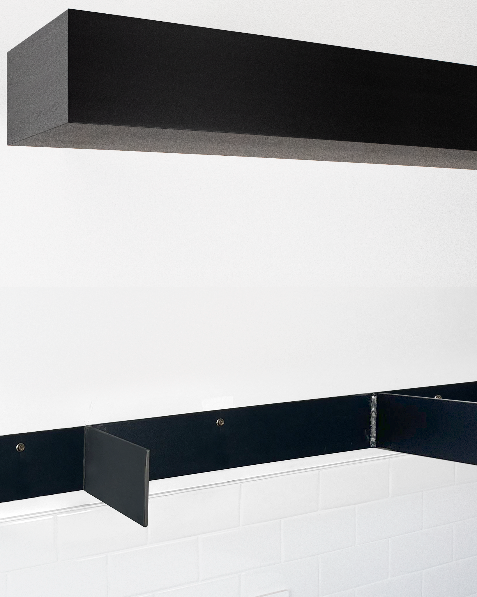 Black floating shelf 6 inch thick angle view installed steel HW