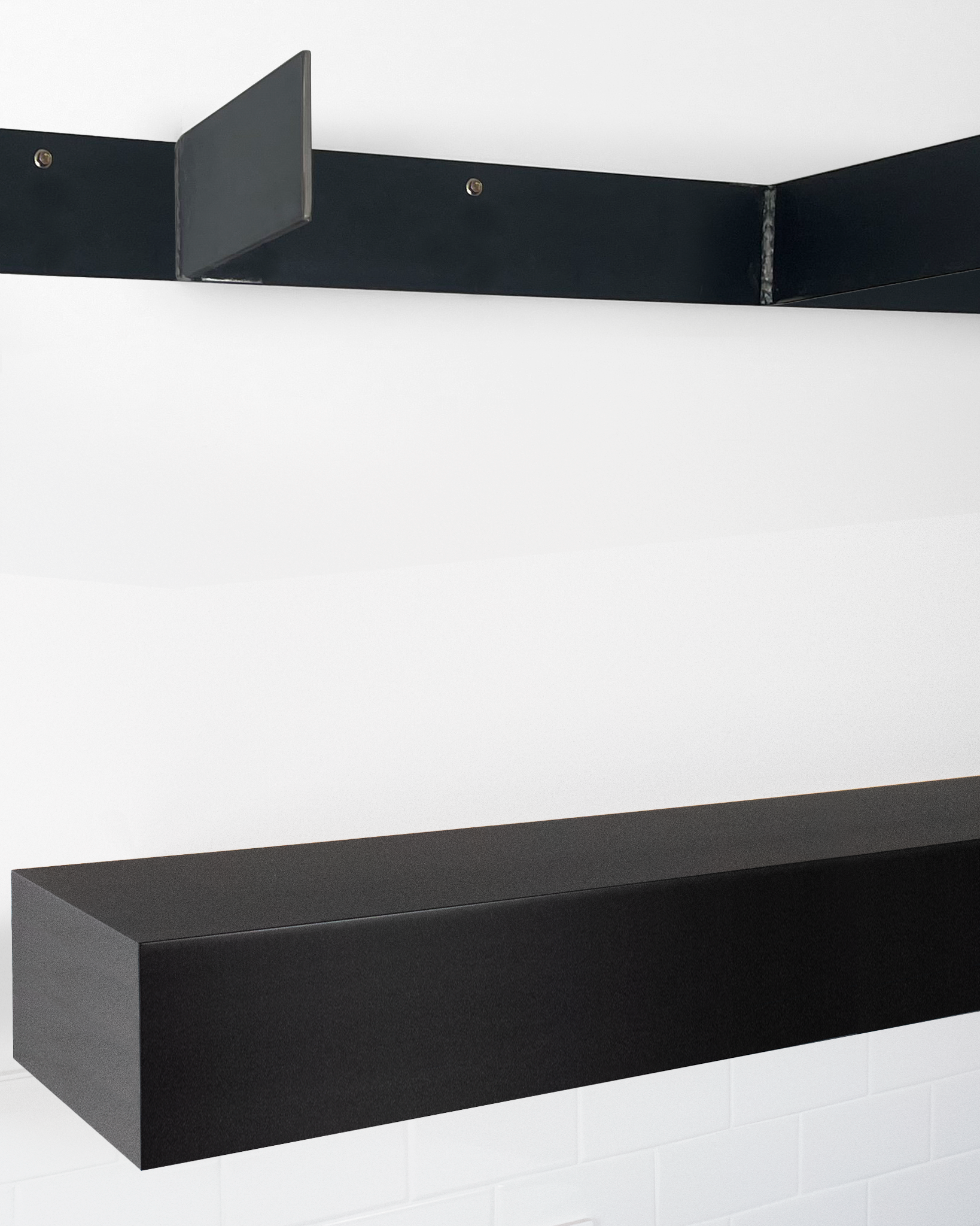 Black floating shelf 6 inch thick angle view installed steel HW top