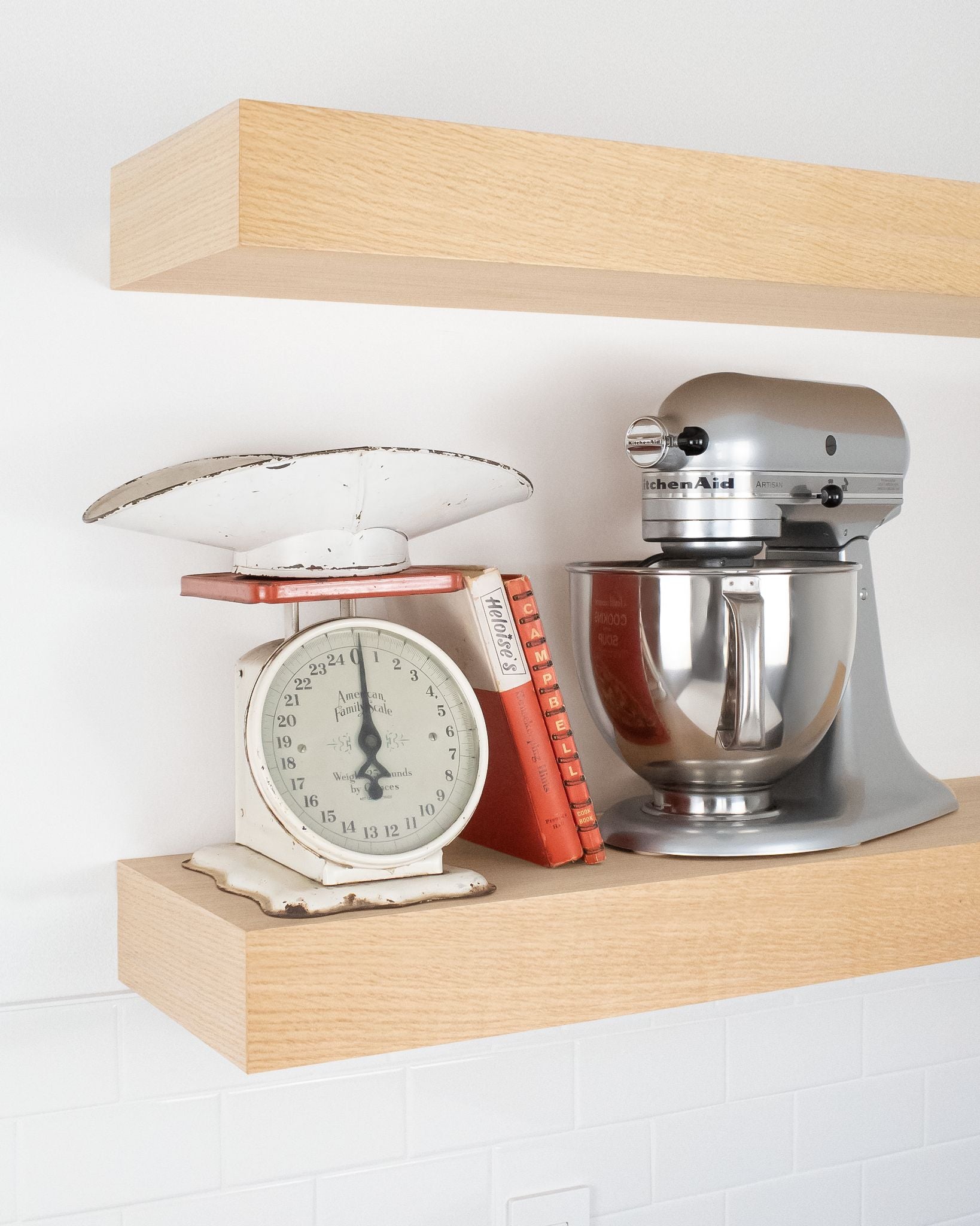 Bleached oak Wood kitchen Floating Shelf 4 inch thick with Mixer and scale angle view