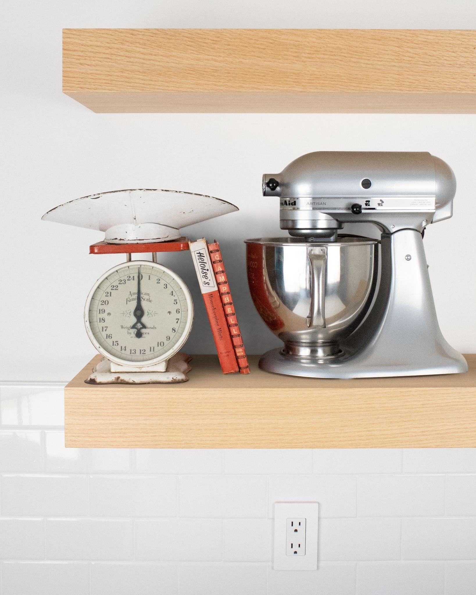 Bleached oak Wood kitchen Floating Shelf 4 inch thick with Mixer and scale front view