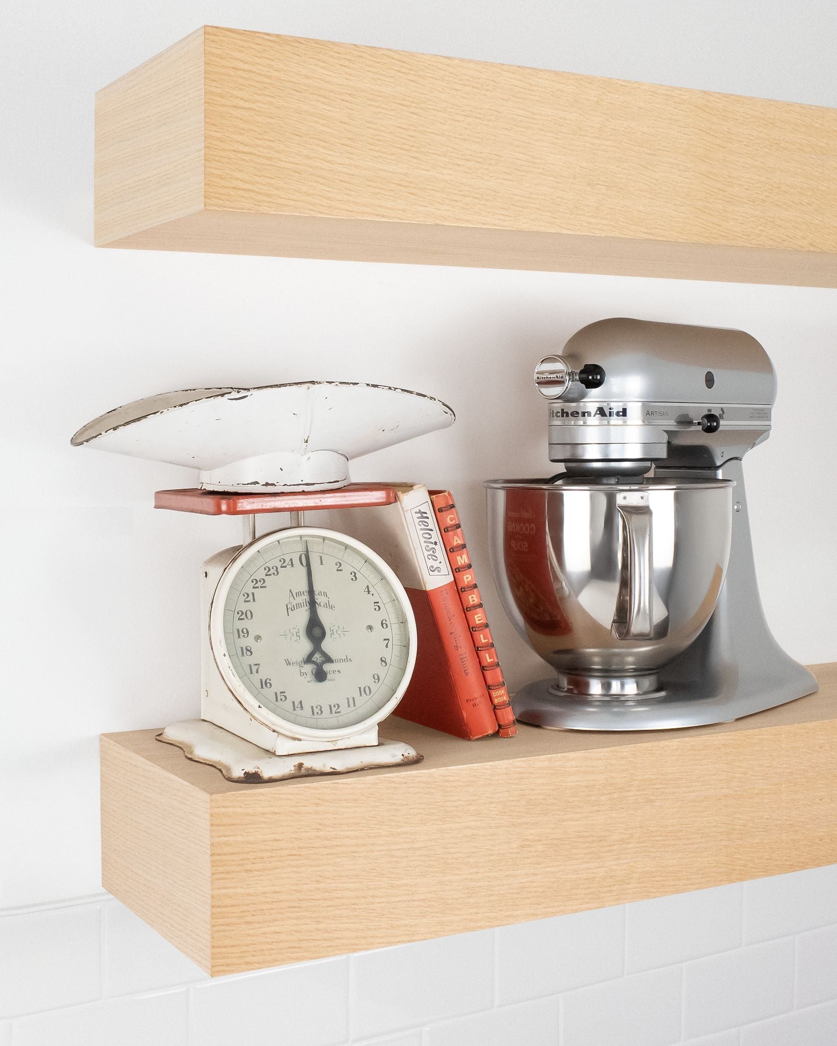 Bleached oak Wood kitchen Floating Shelf 6 inch thick with Mixer and scale angle view