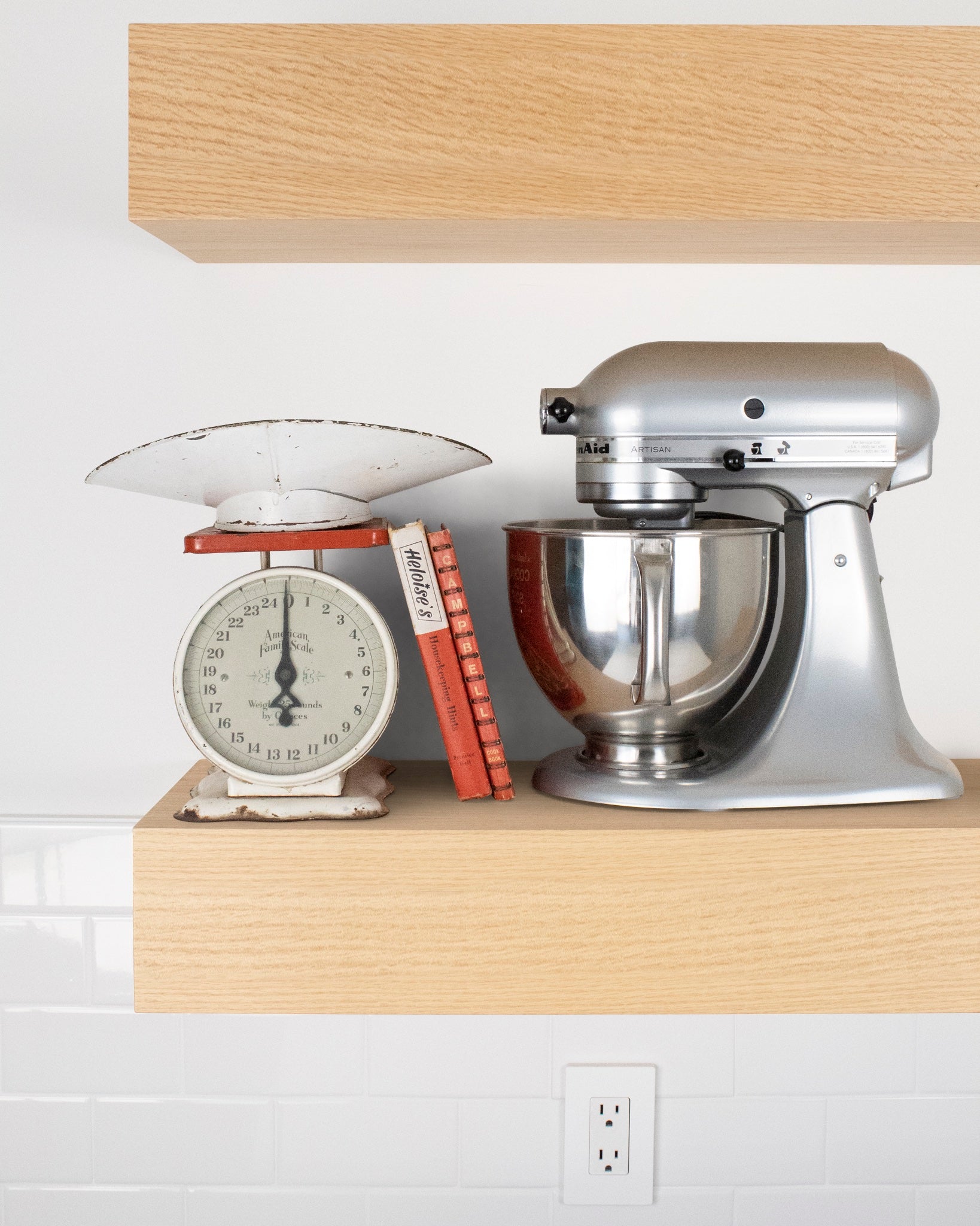 Bleached oak Wood kitchen Floating Shelf 6 inch thick with Mixer and scale front view