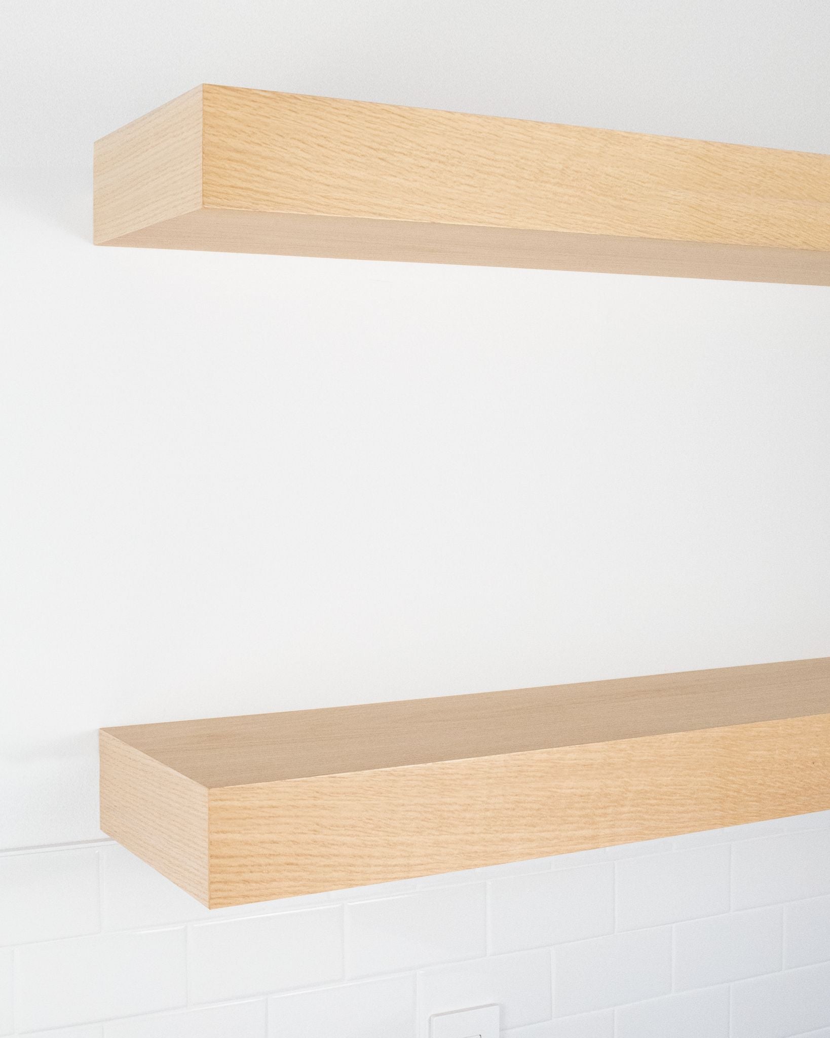 Bleached oak Wood kitchen Floating Shelves 4 inch thick angle view