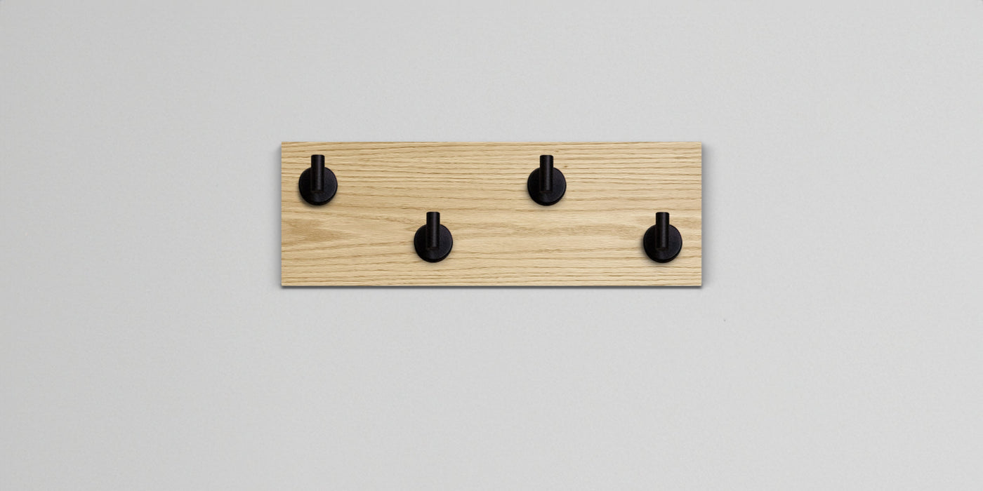 Bleached oak Wood wall hook rack 4 matte black hooks