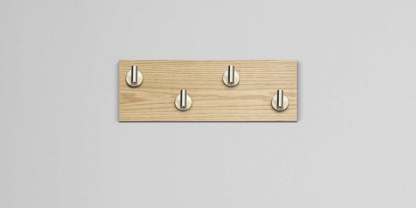 Bleached oak Wood wall hook rack 4 satin nickel hooks
