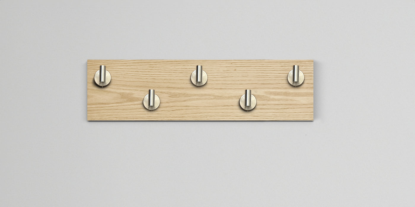 Bleached oak Wood wall hook rack 5 satin nickel hooks
