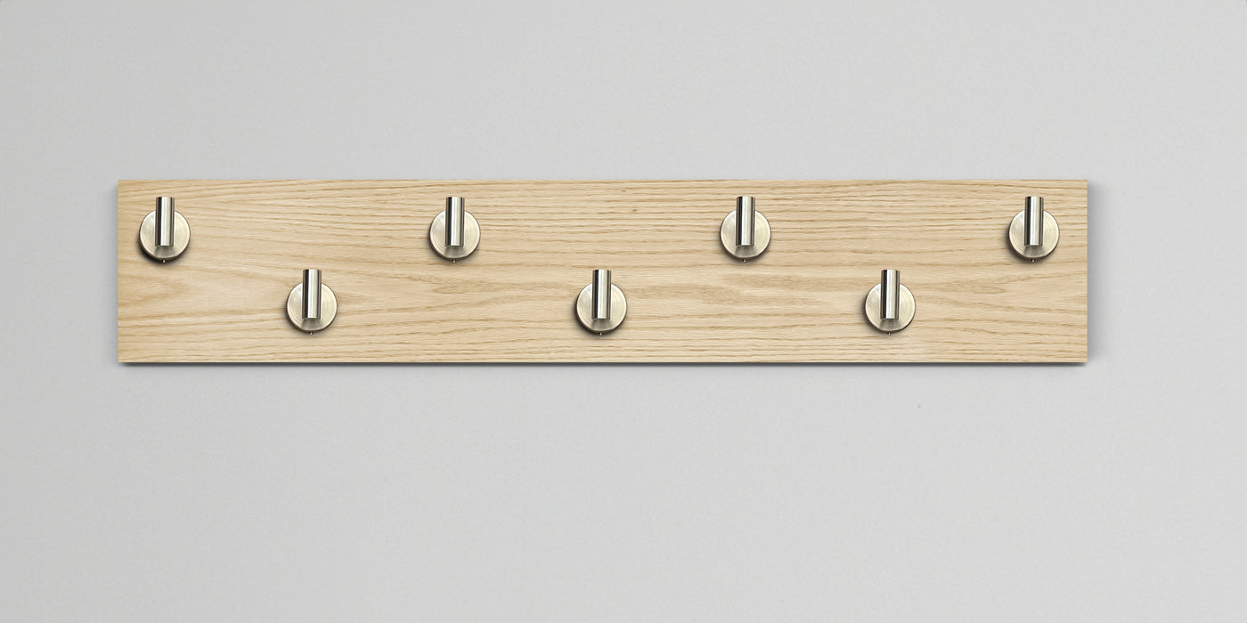 Bleached oak Wood wall hook rack 7 satin nickel hooks