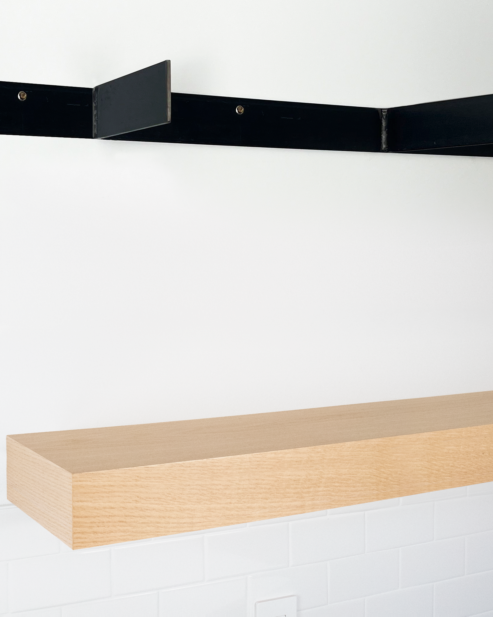 Bleached oak floating shelf 4 inch thick angle view installed steel HW top