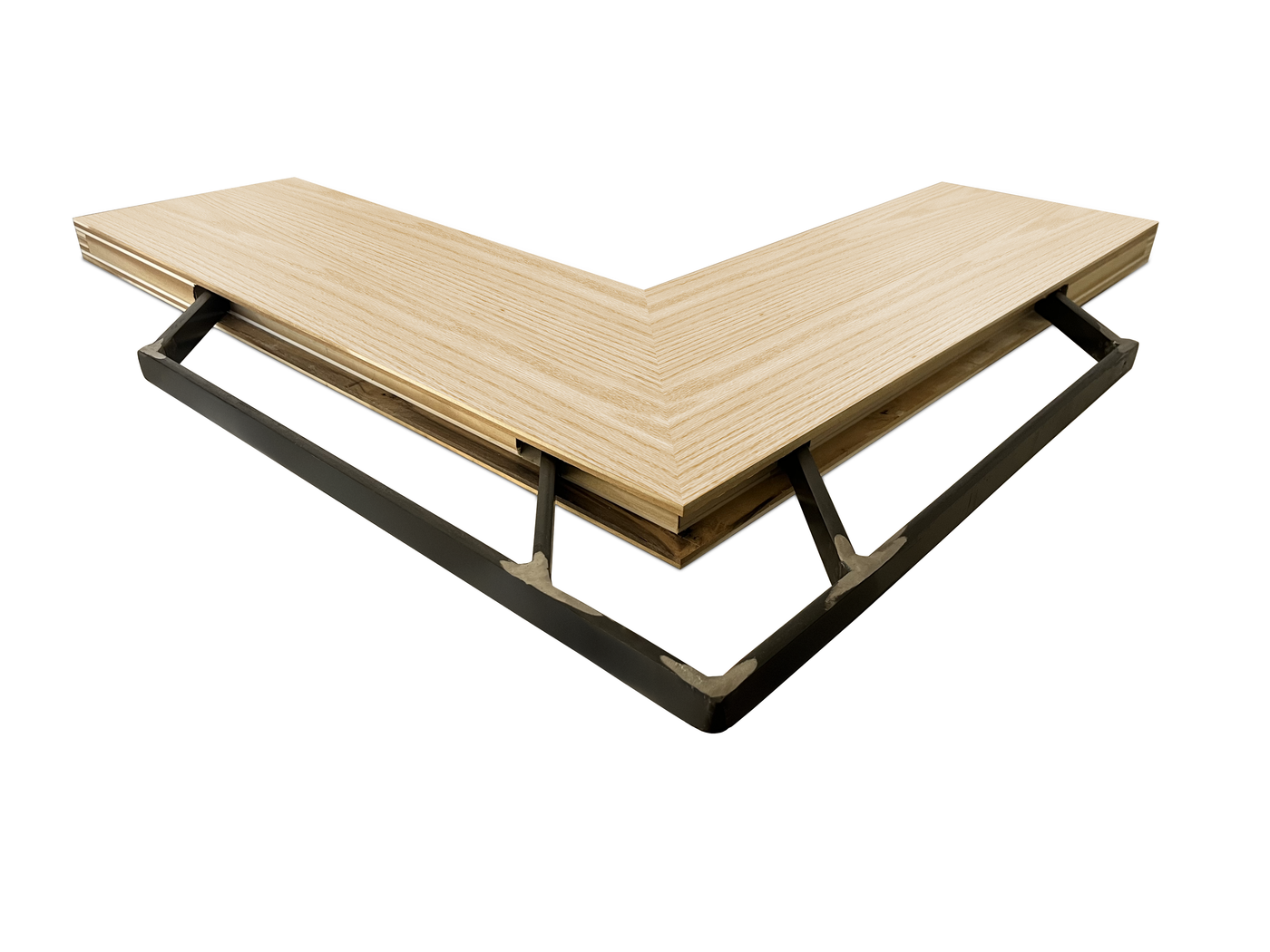 Bleached oak inside corner mitered floating shelf view of back edge steel floating shelf bracket pockets