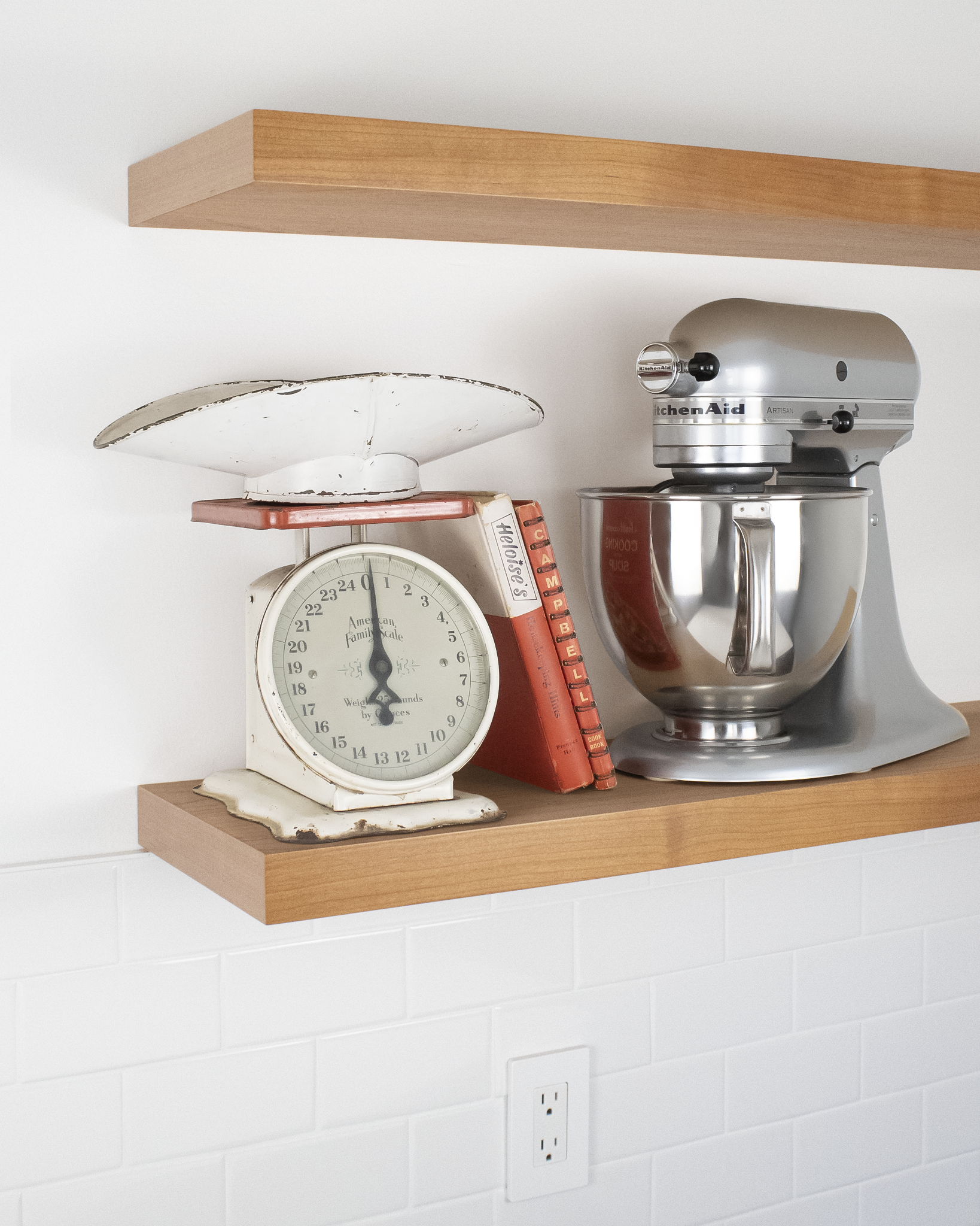 Cherry Wood kitchen Floating Shelf 1.75 inch thick with Mixer and scale angle view