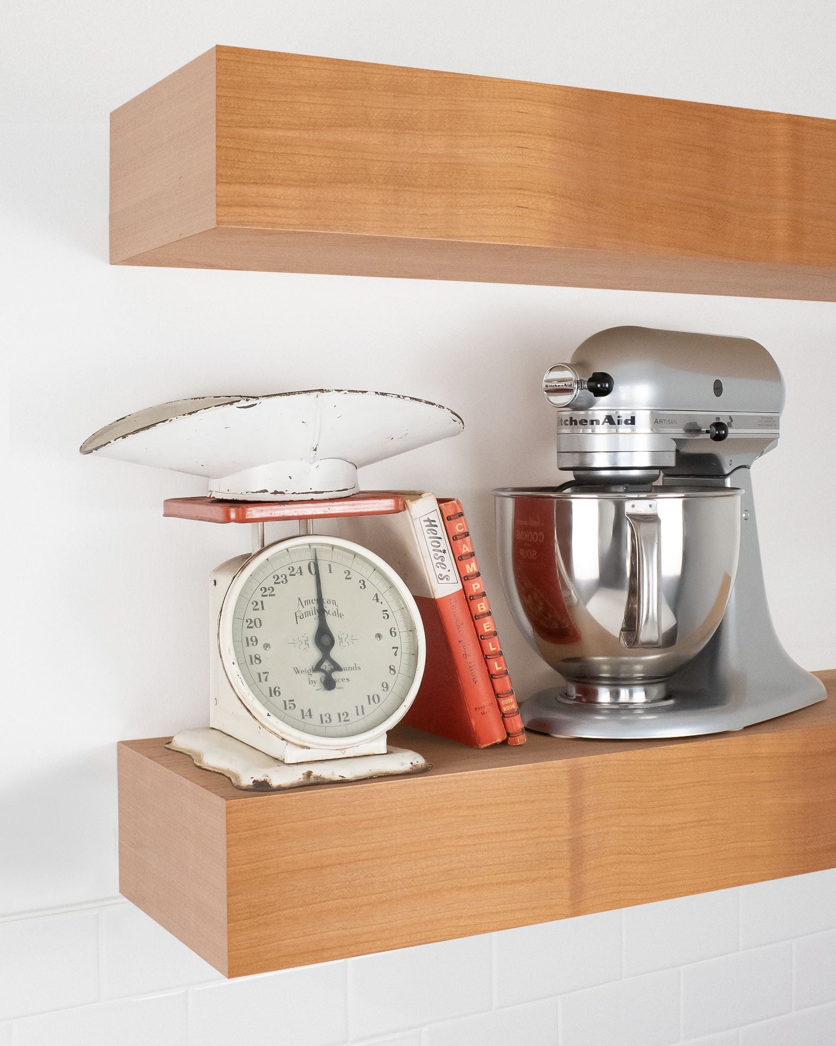 Cherry Wood kitchen Floating Shelf 6 inch thick with Mixer and scale angle view