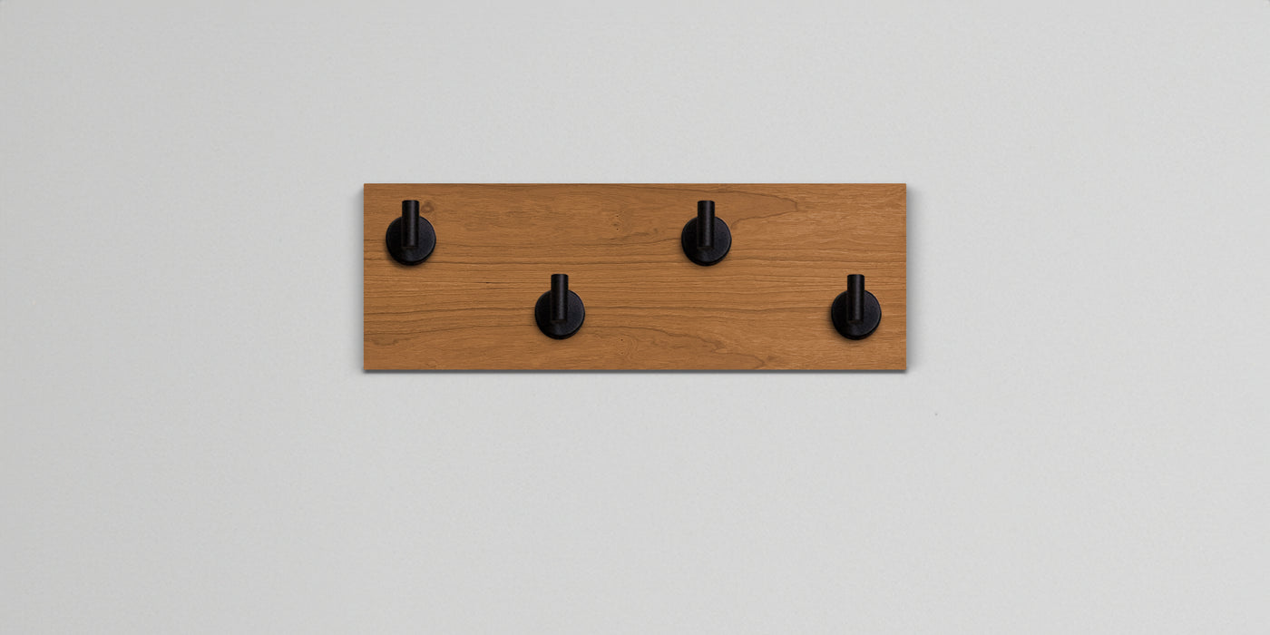 Cherry Wood wall hook rack 4 matte black hooks