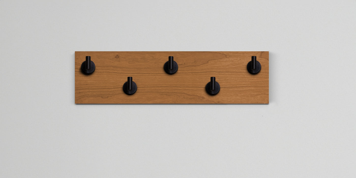 Cherry Wood wall hook rack 5 matte black hooks