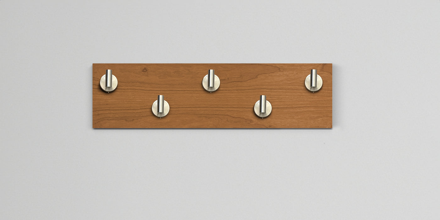 Cherry Wood wall hook rack 5 satin nickel hooks