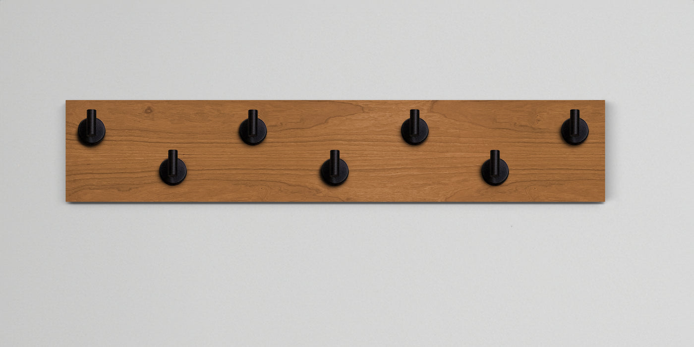 Cherry Wood wall hook rack 7 matte black hooks