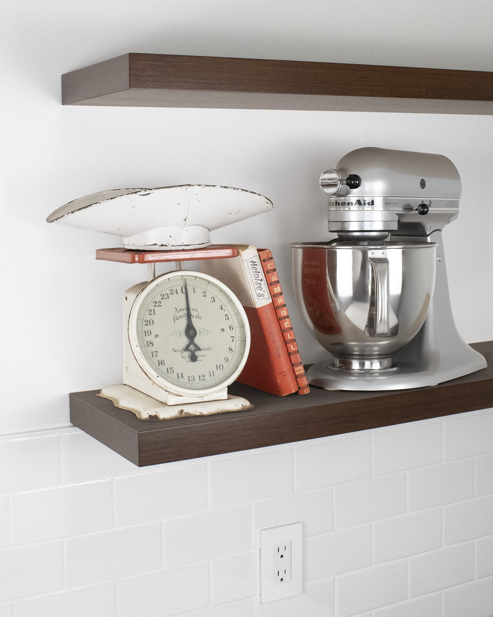Chocolate Bamboo Wood kitchen Floating Shelf 1.75 inch thick with Mixer and scale angle view