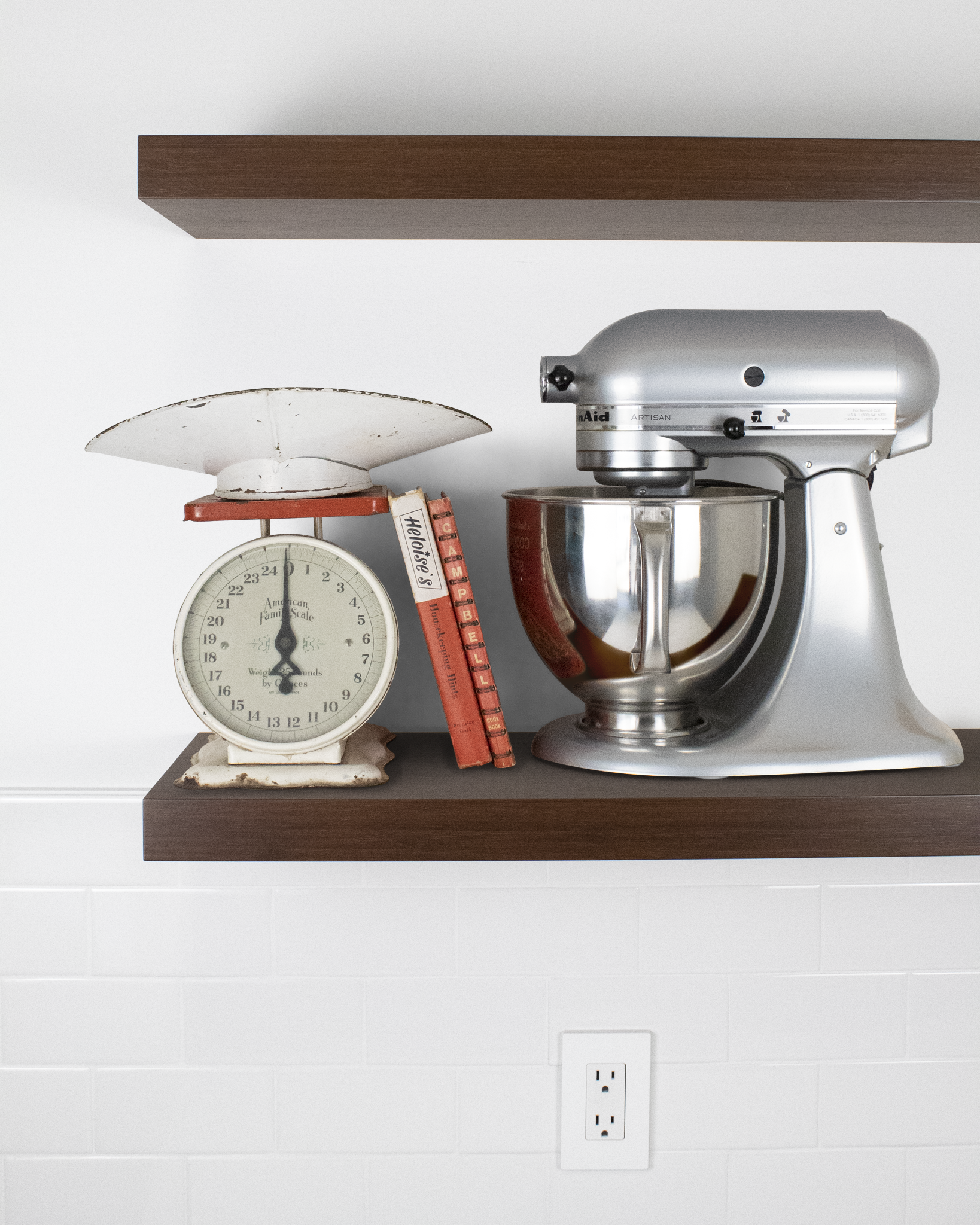 Chocolate Bamboo Wood kitchen Floating Shelf 1.75 inch thick with Mixer and scale front view
