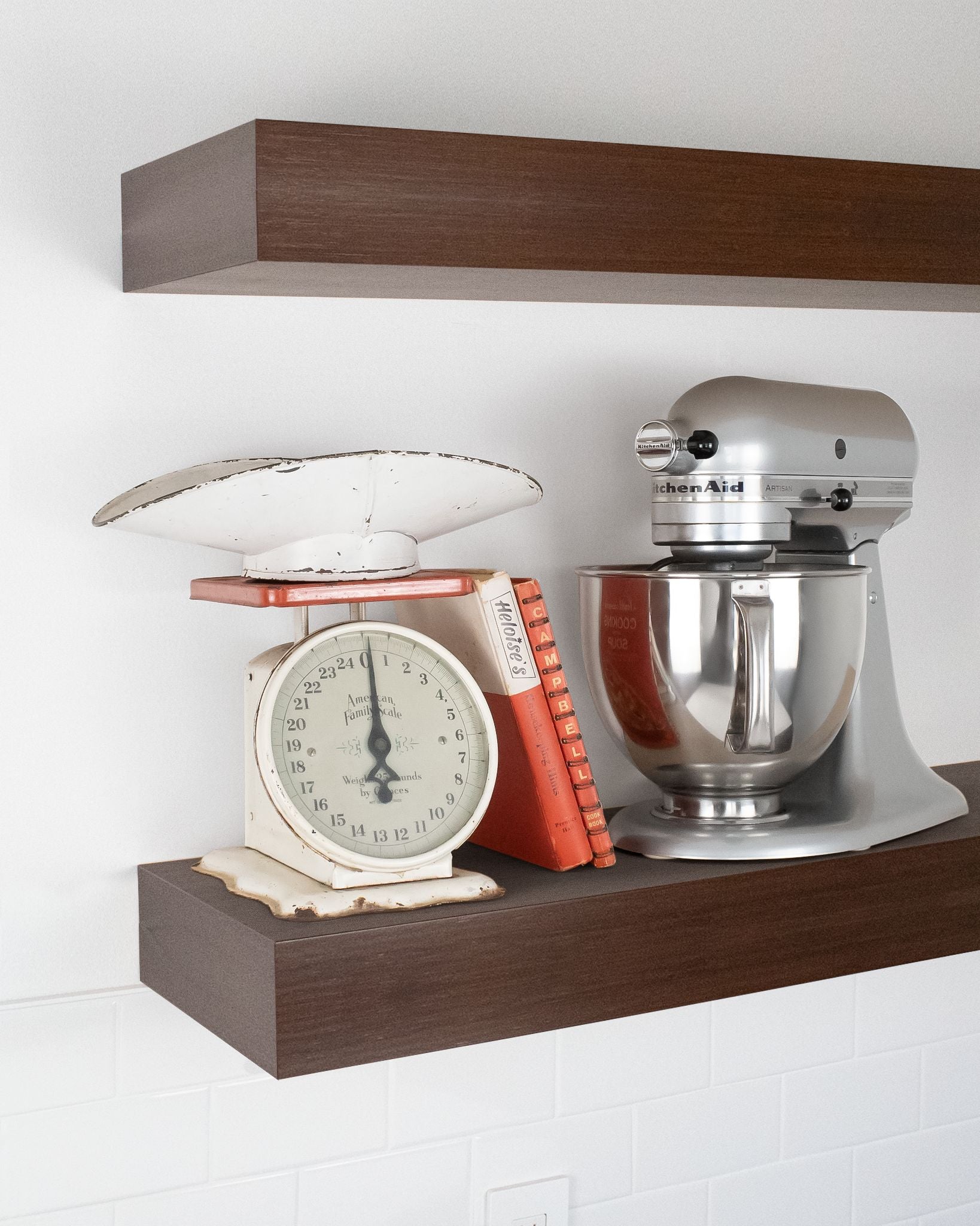 Chocolate Bamboo Wood kitchen Floating Shelf 4 inch thick with Mixer and scale angle view
