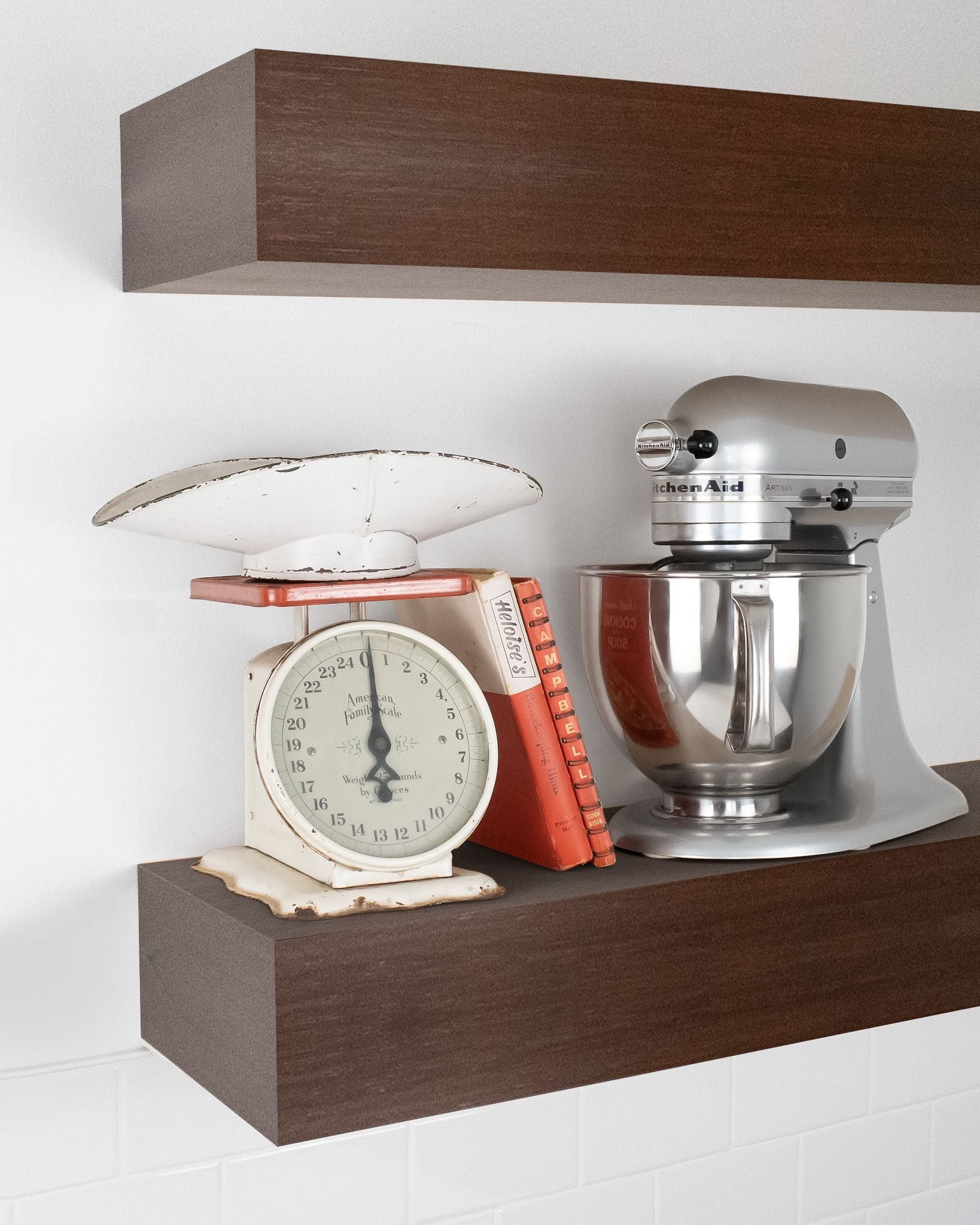 Chocolate Bamboo Wood kitchen Floating Shelf 6 inch thick with Mixer and scale angle view