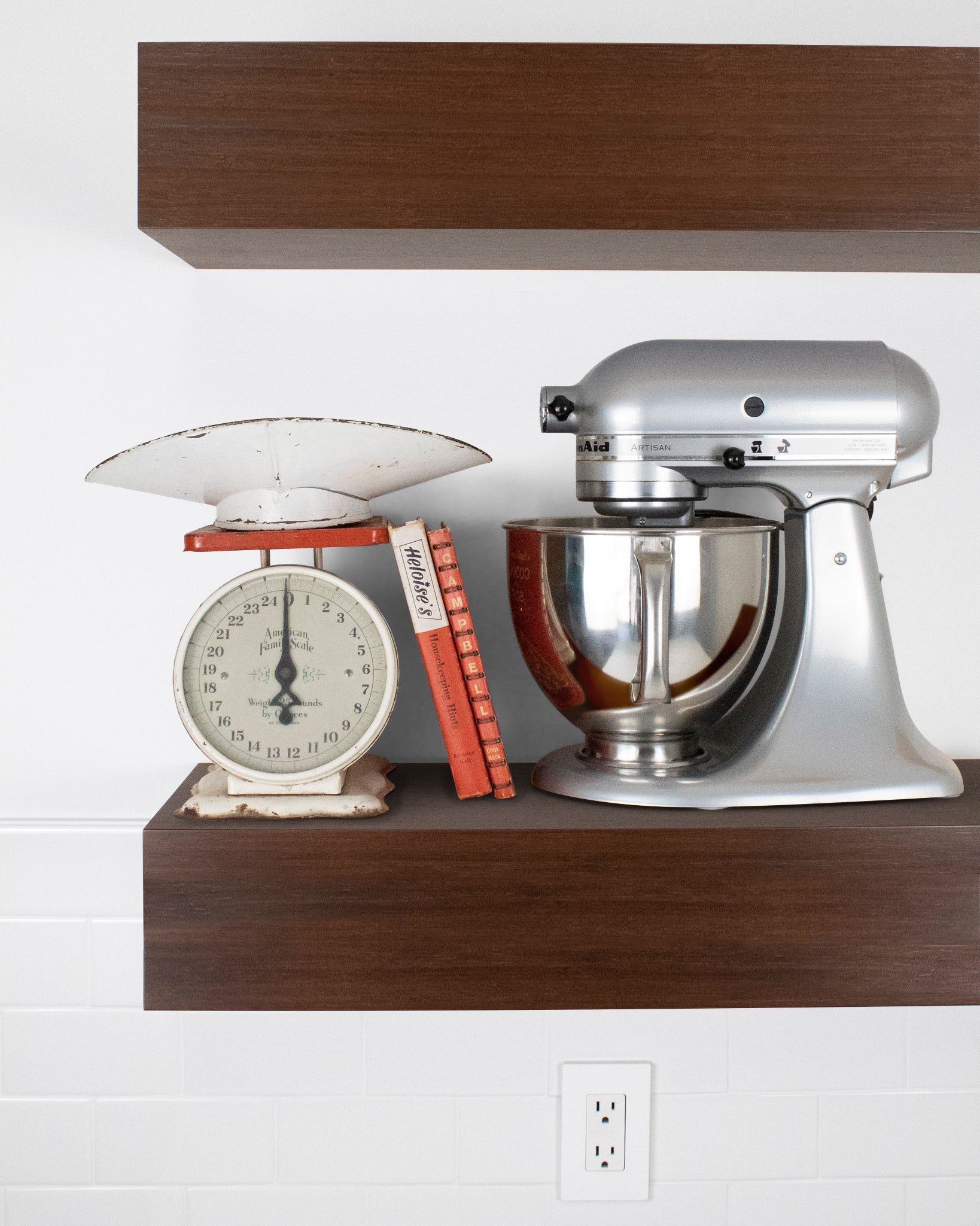 Chocolate Bamboo Wood kitchen Floating Shelf 6 inch thick with Mixer and scale front view