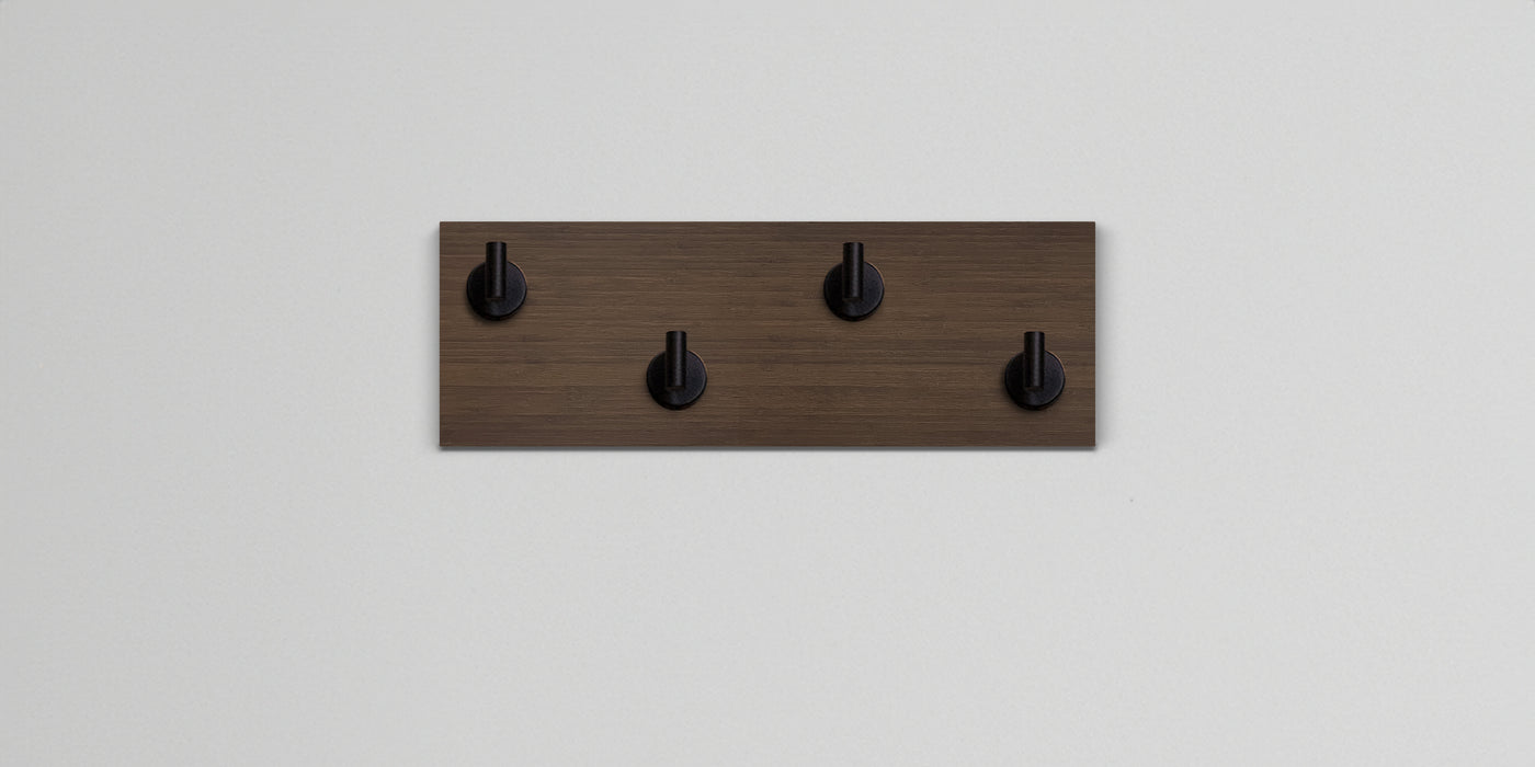 Chocolate Bamboo Wood wall hook rack 4 matte black hooks