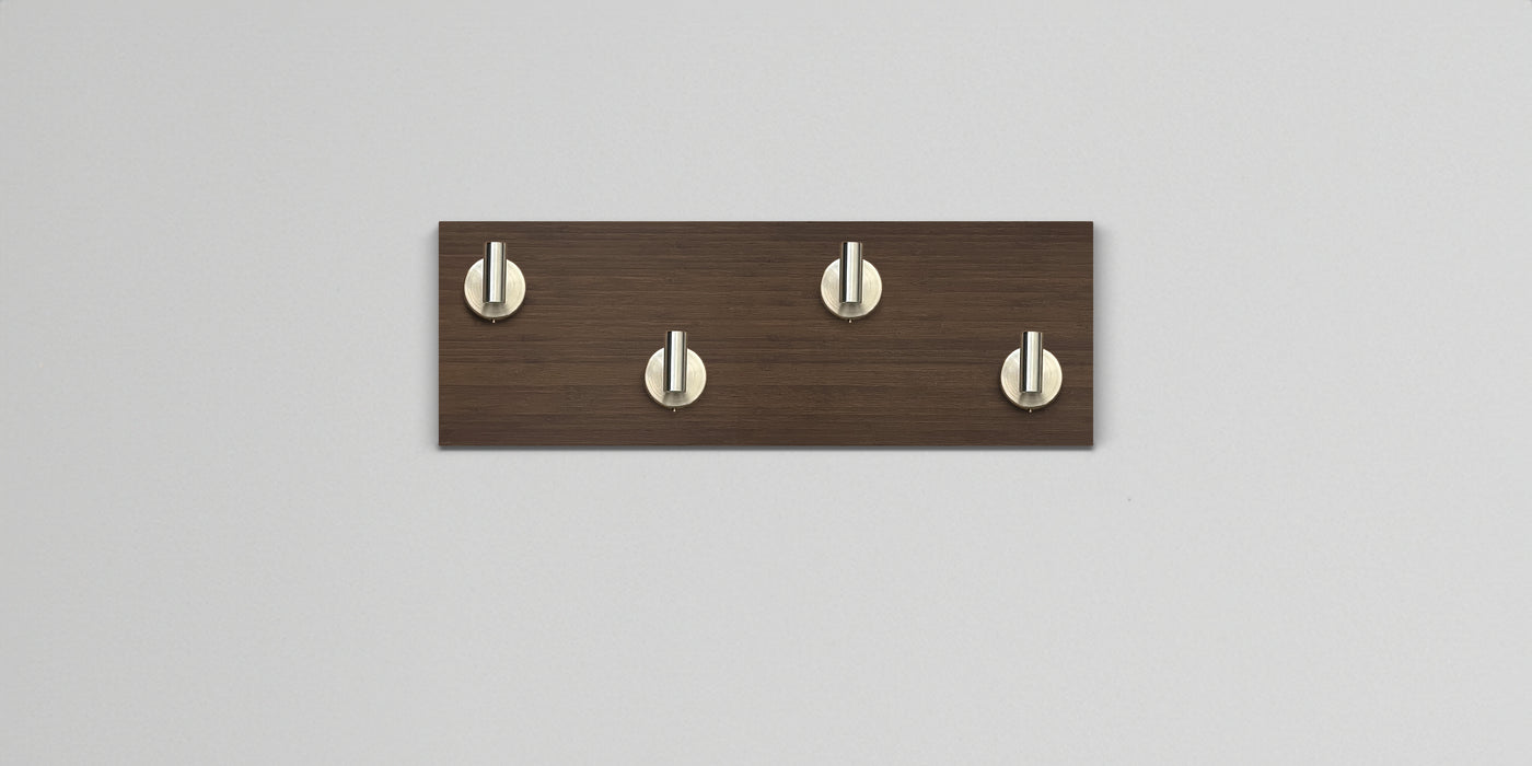 Chocolate Bamboo Wood wall hook rack 4 satin nickel hooks