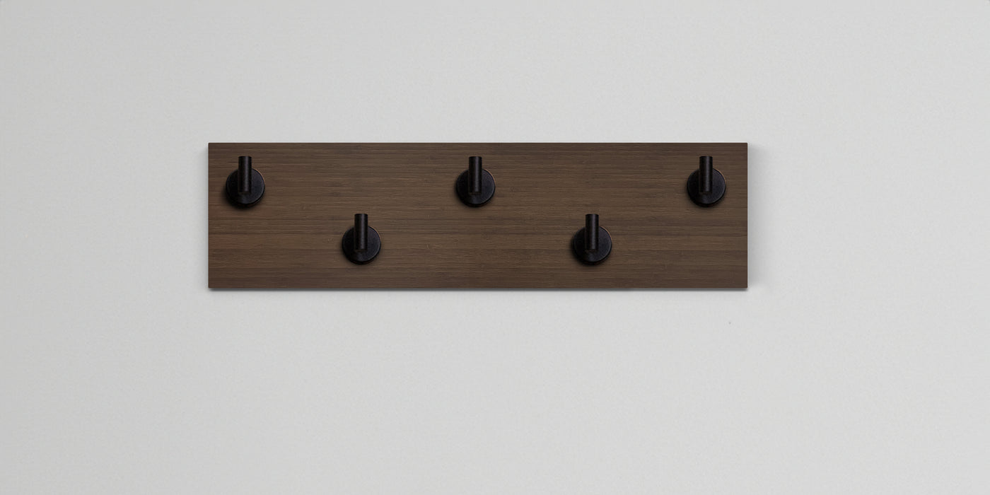 Chocolate Bamboo Wood wall hook rack 5 matte black hooks