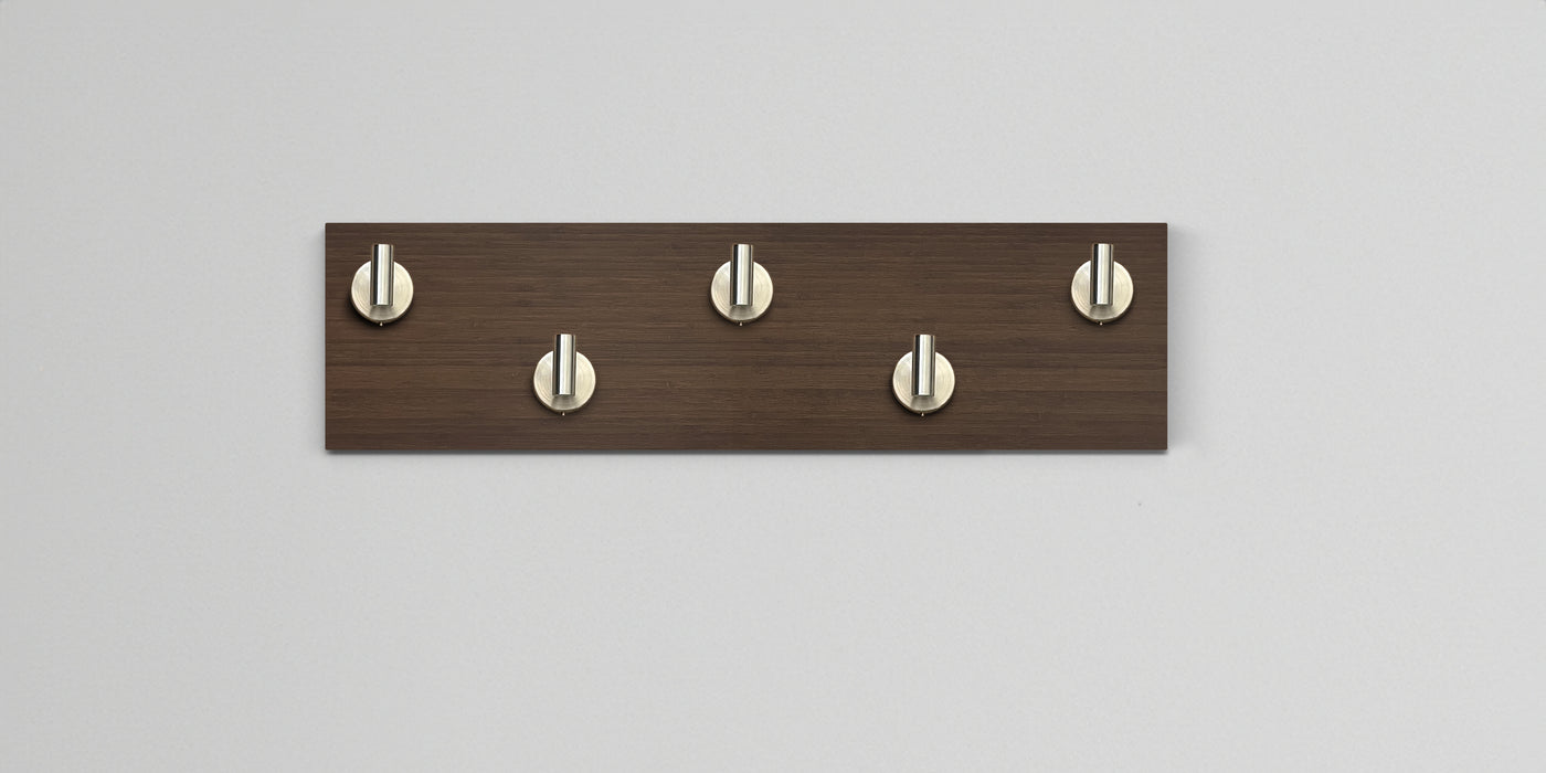 Chocolate Bamboo Wood wall hook rack 5 satin nickel hooks