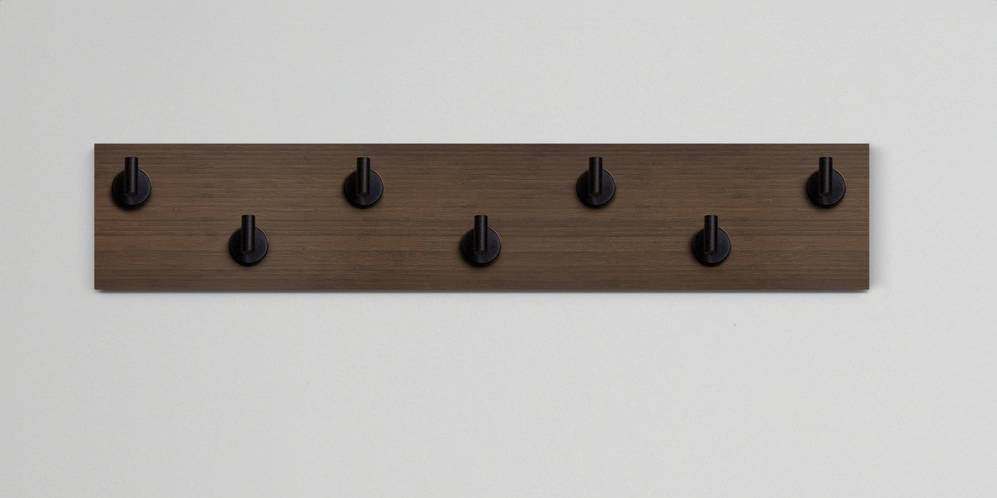 Chocolate Bamboo Wood wall hook rack 7 matte black hooks