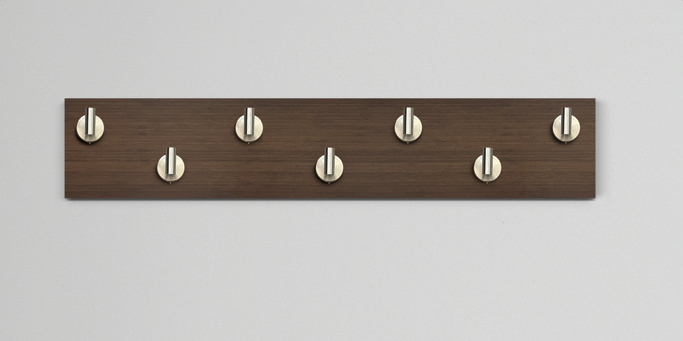 Chocolate Bamboo Wood wall hook rack 7 satin nickel hooks