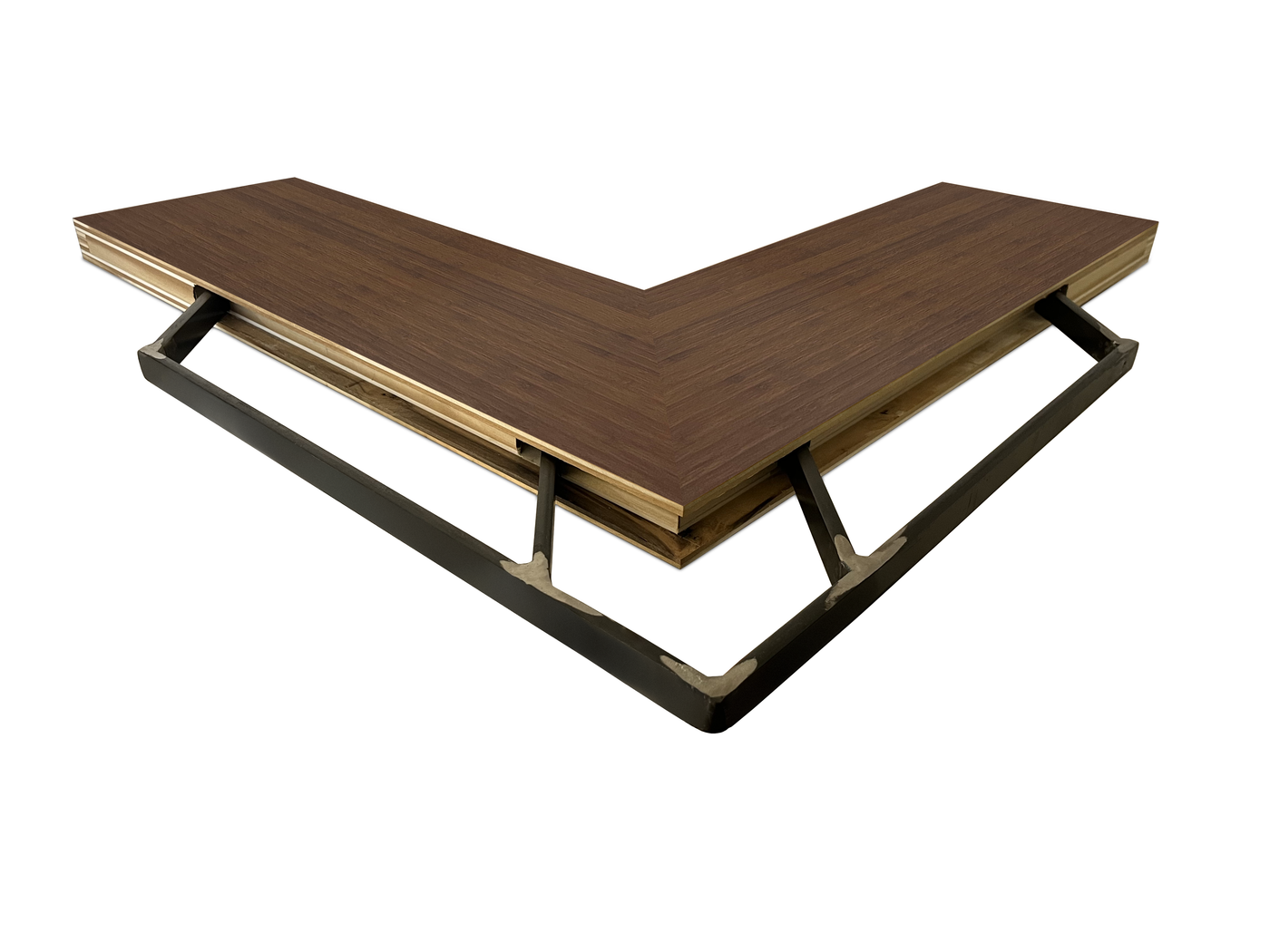 Chocolate Bamboo inside corner mitered floating shelf view of back edge steel floating shelf bracket pockets