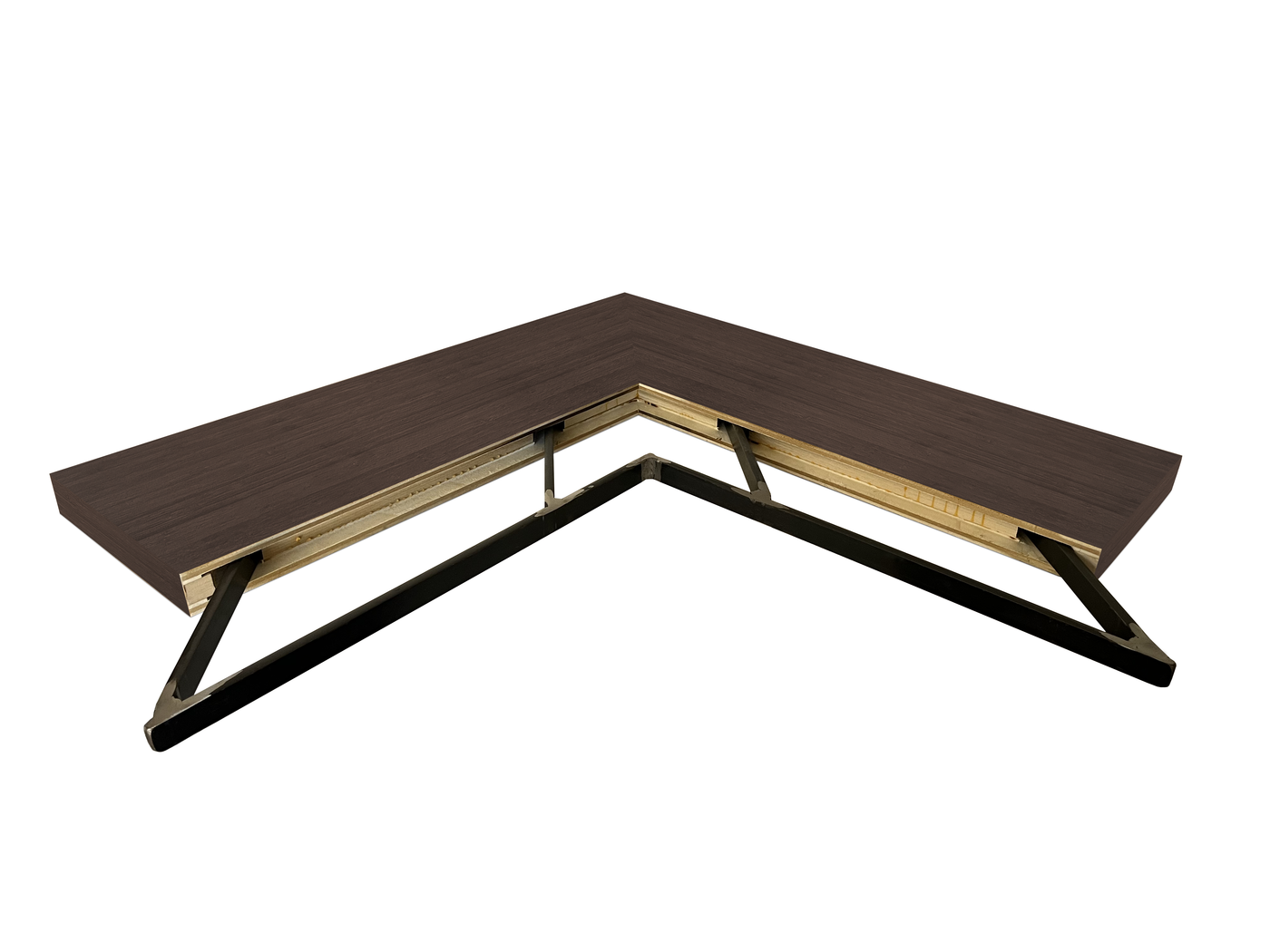 Chocolate Bamboo outside corner mitered floating shelf view of back edge steel floating shelf bracket pockets