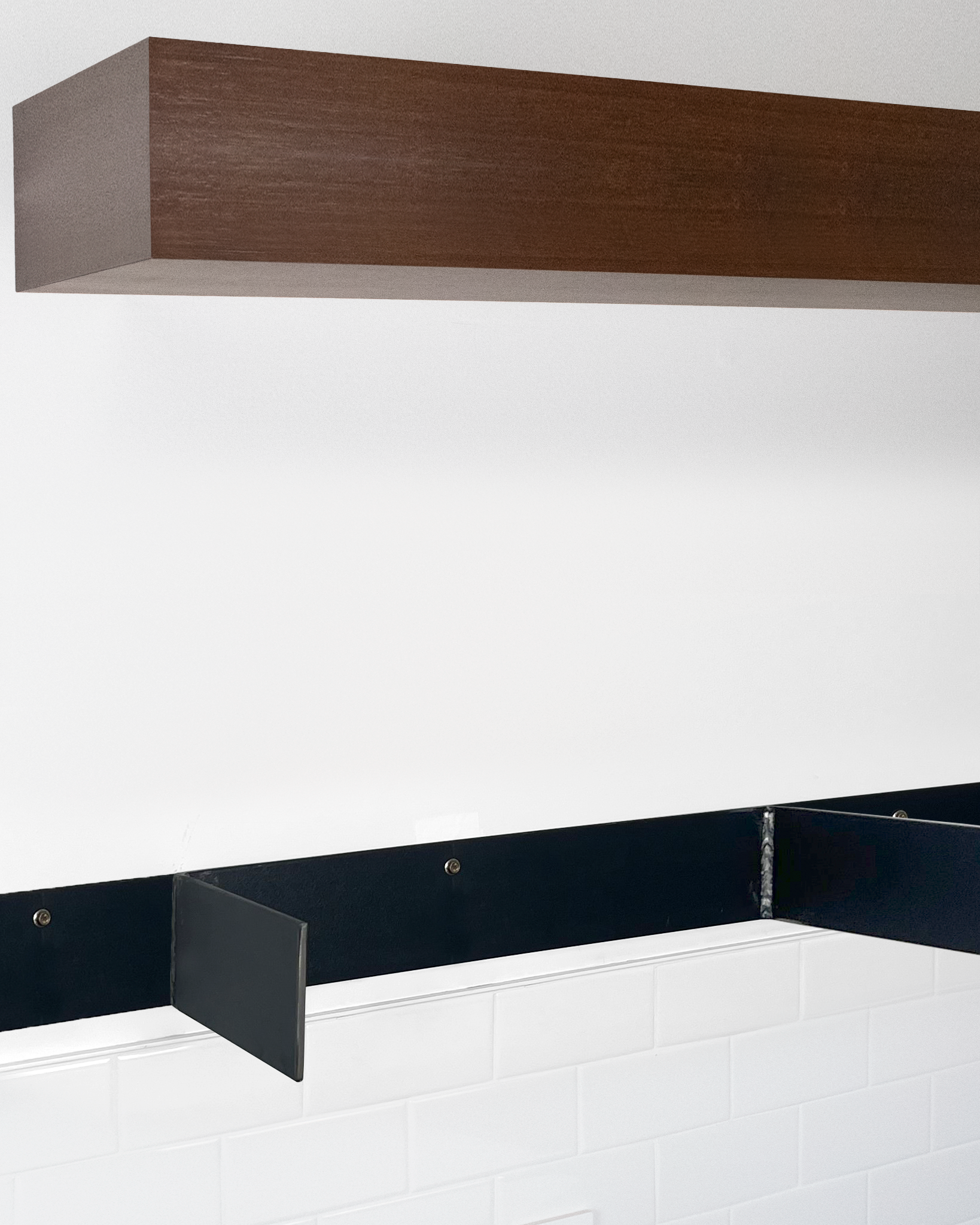 Chocolate bamboo floating shelf 6 inch thick angle view installed steel HW