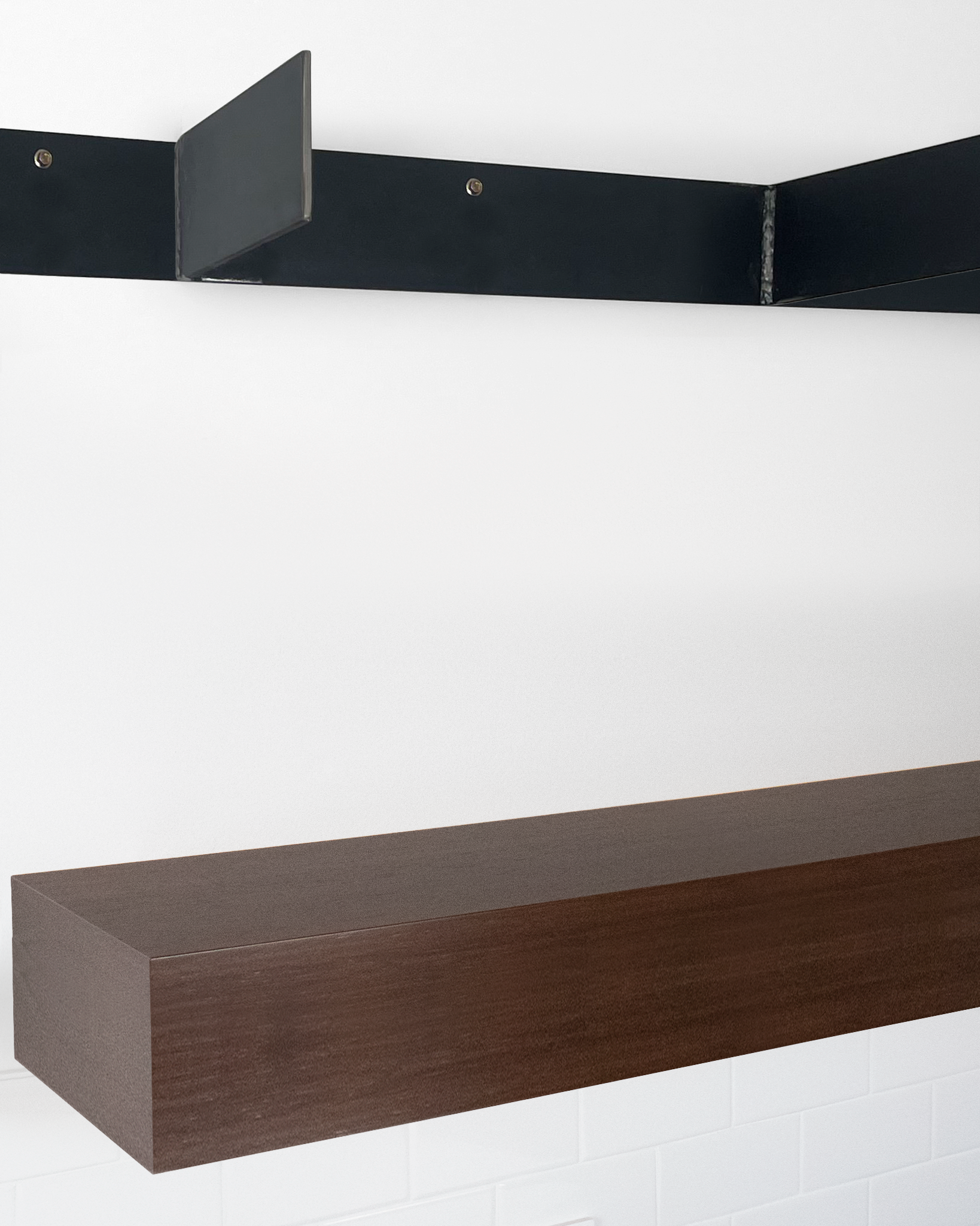 Chocolate bamboo floating shelf 6 inch thick angle view installed steel HW top