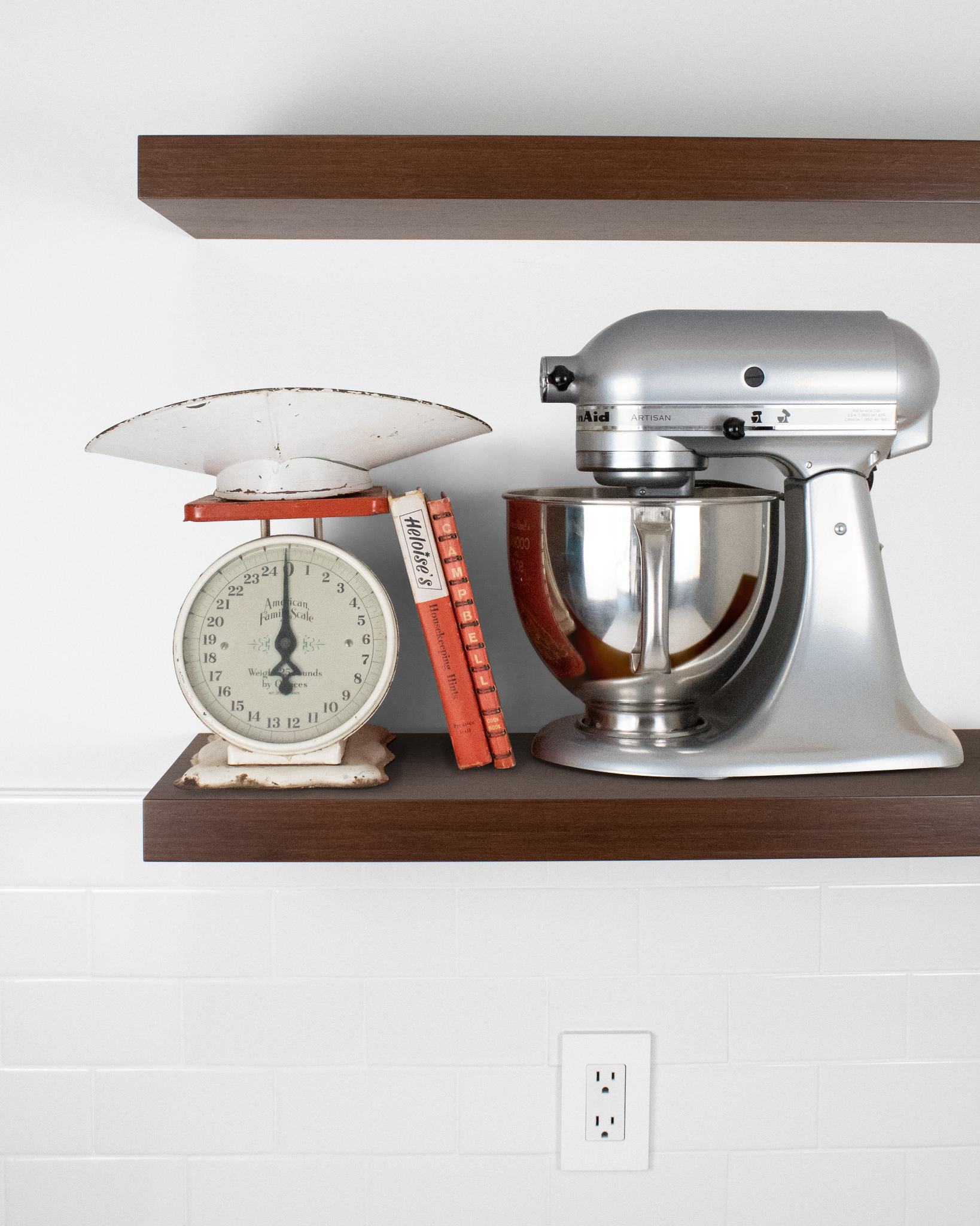 Floating shelf in chocolate bamboo with mixer and scale front view