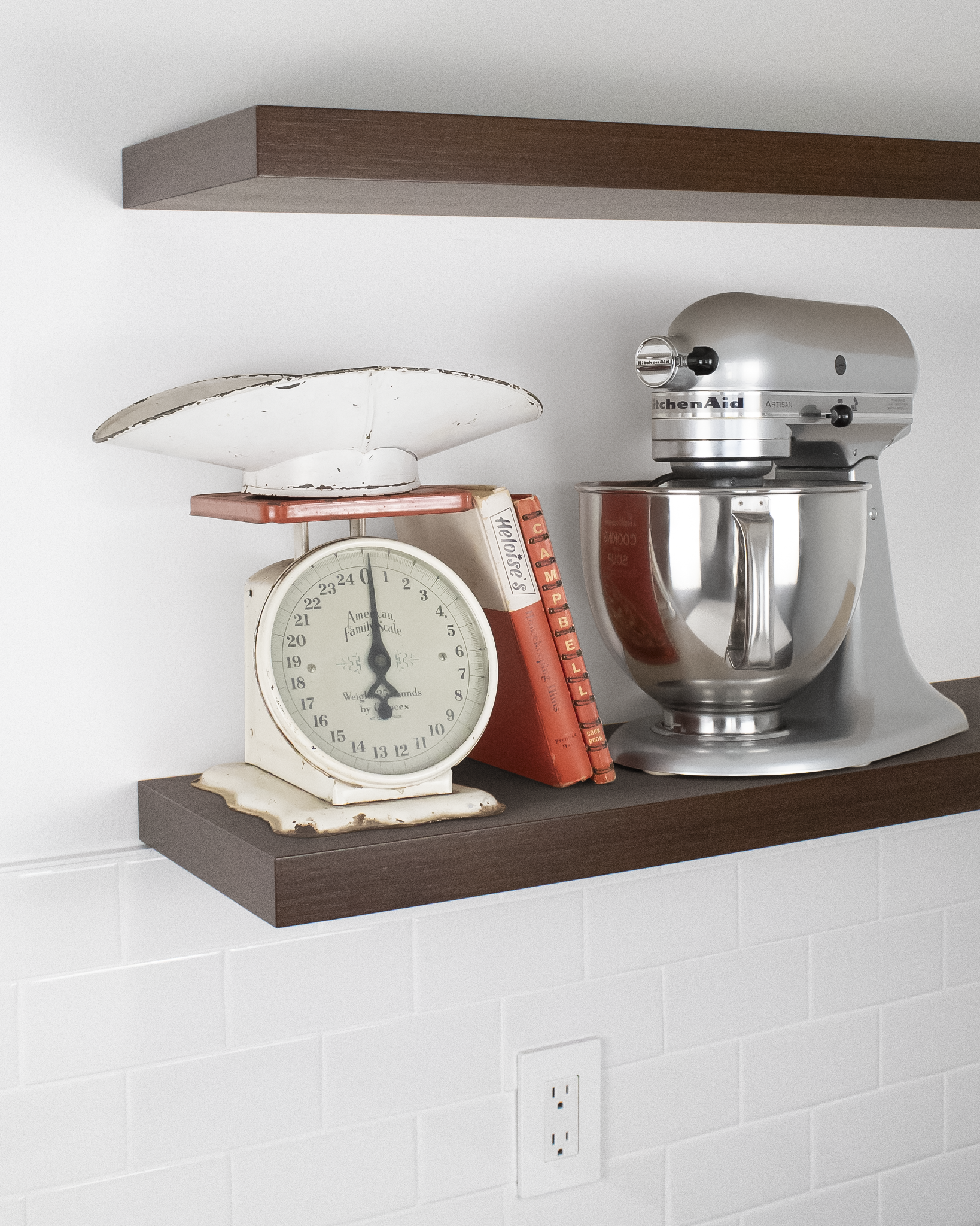 Floating shelf in chocolate bamboo front left angle with mixer and scale