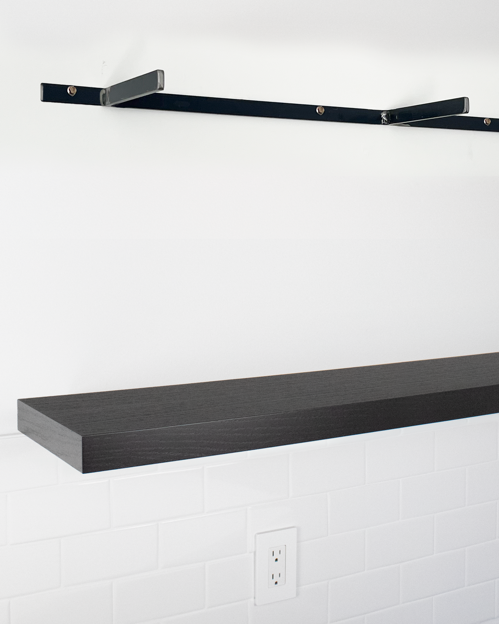 Chocolate espresso oak floating shelf 1.75 inch thick angle view installed steel HW top