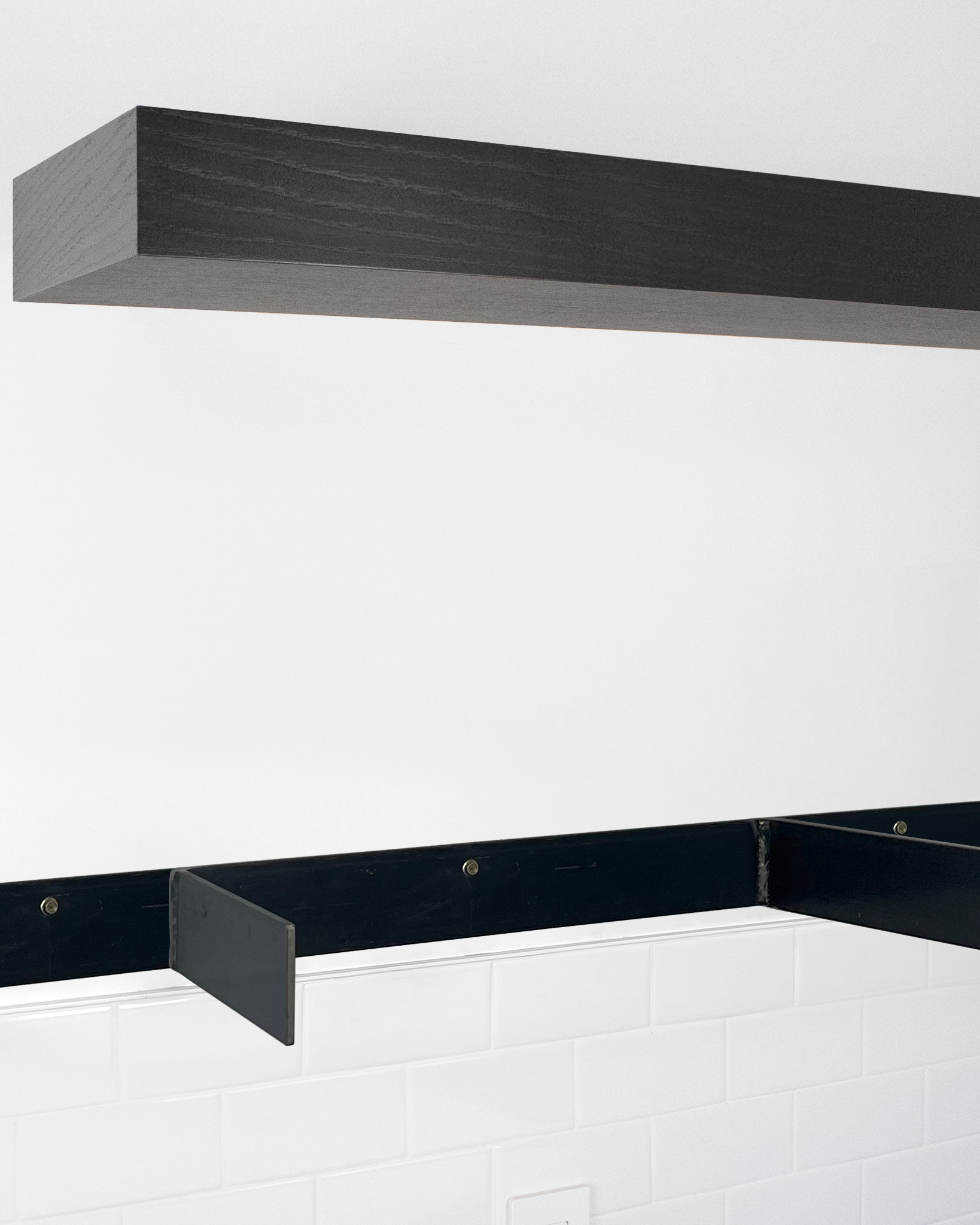 Chocolate espresso oak floating shelf 4 inch thick angle view installed steel HW