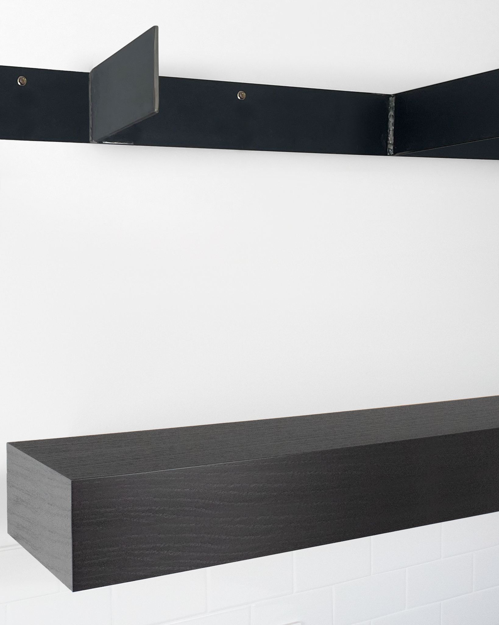 Chocolate espresso oak floating shelf 6 inch thick angle view installed steel HW top